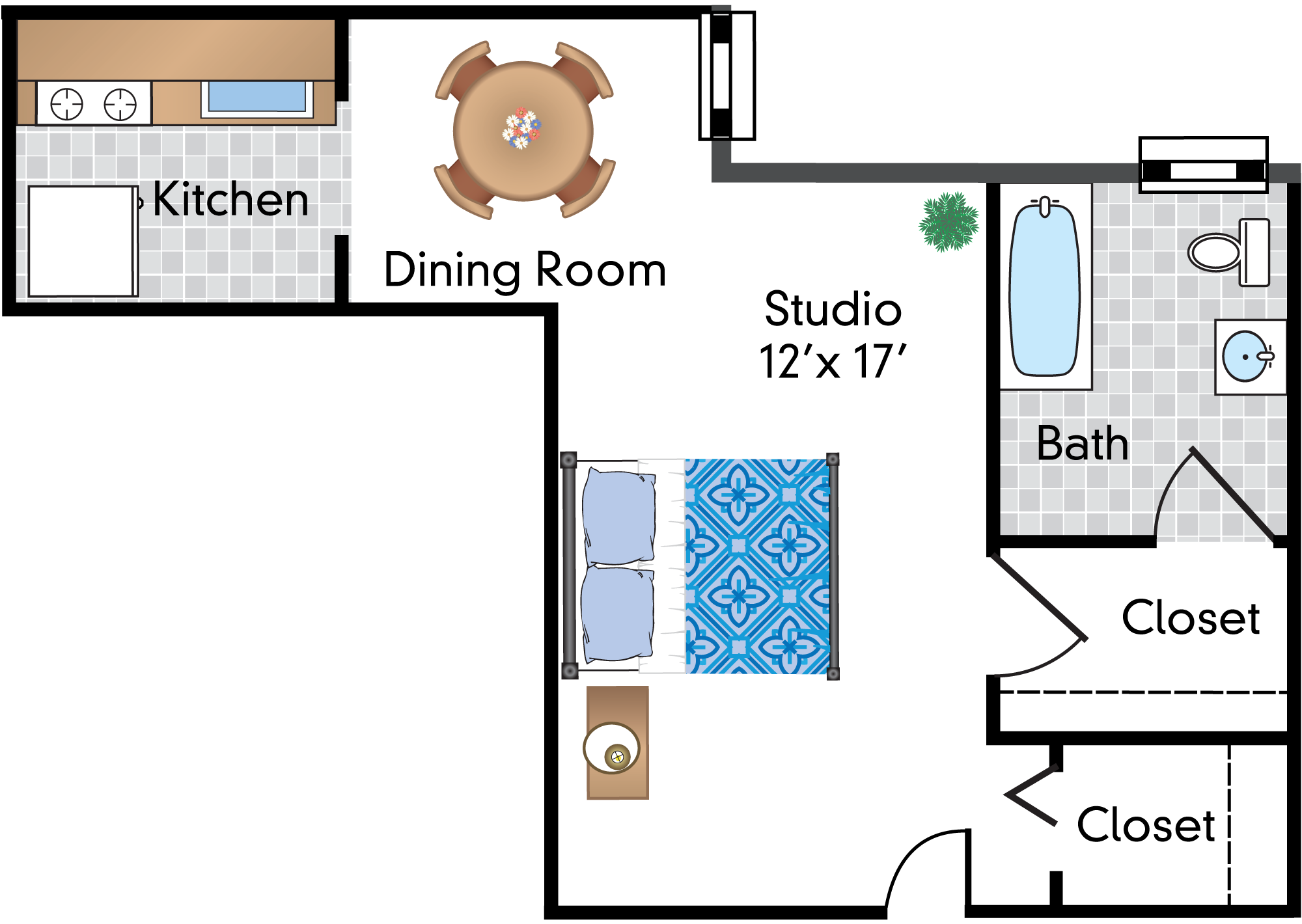 Floor plan for studio, 1 bath, 470 sqft