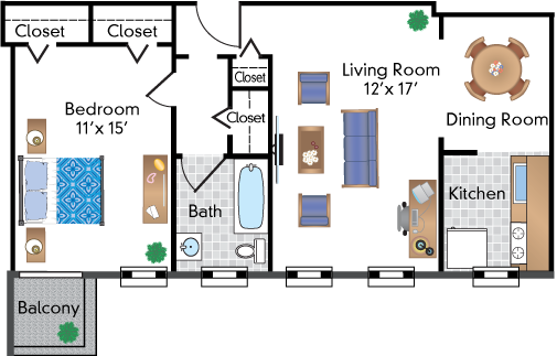 Floor plan for 1 bed, 1 bath, 686 sqft