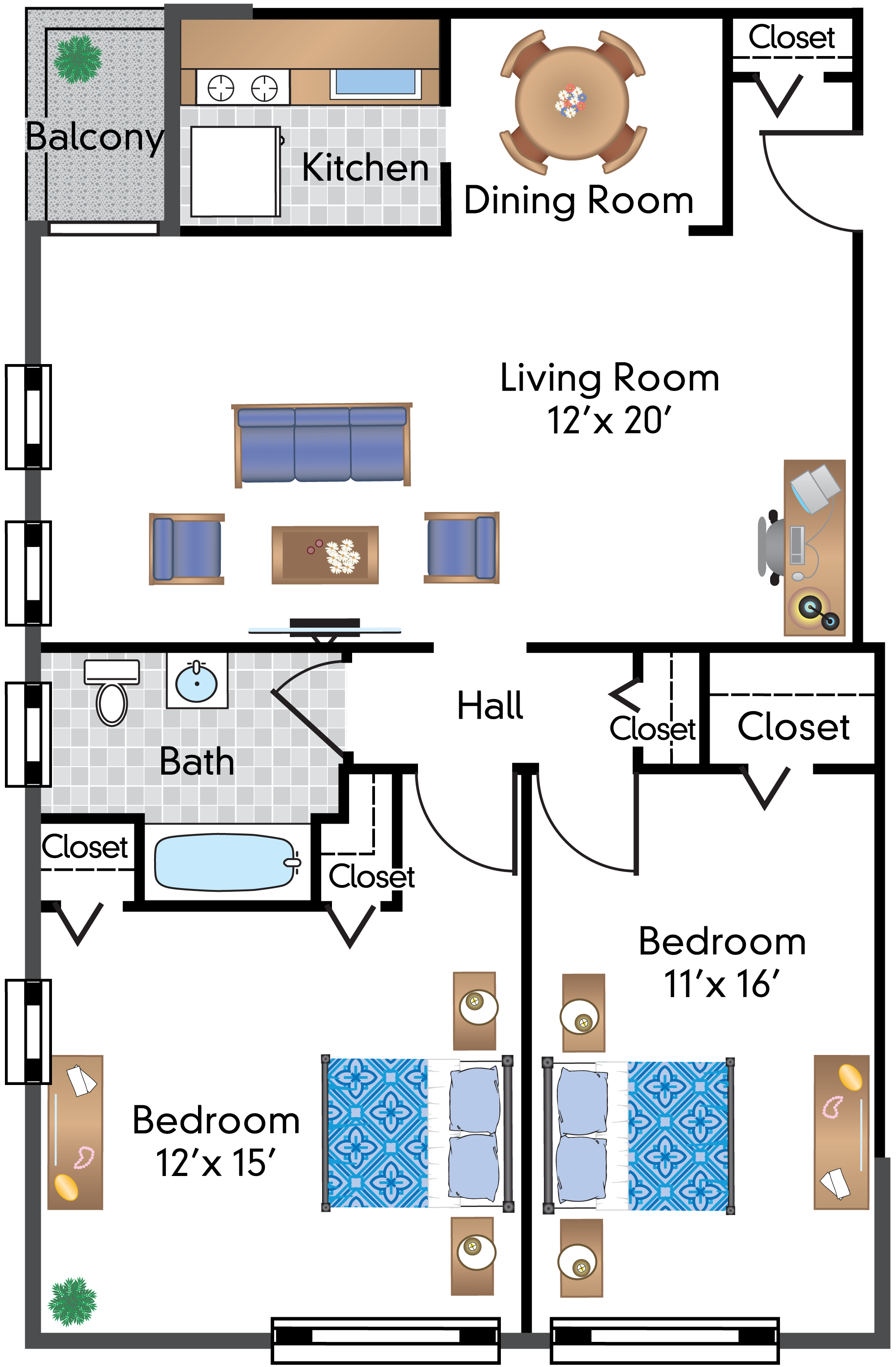 Floor plan for 2 beds, 1 bath, 1026 sqft