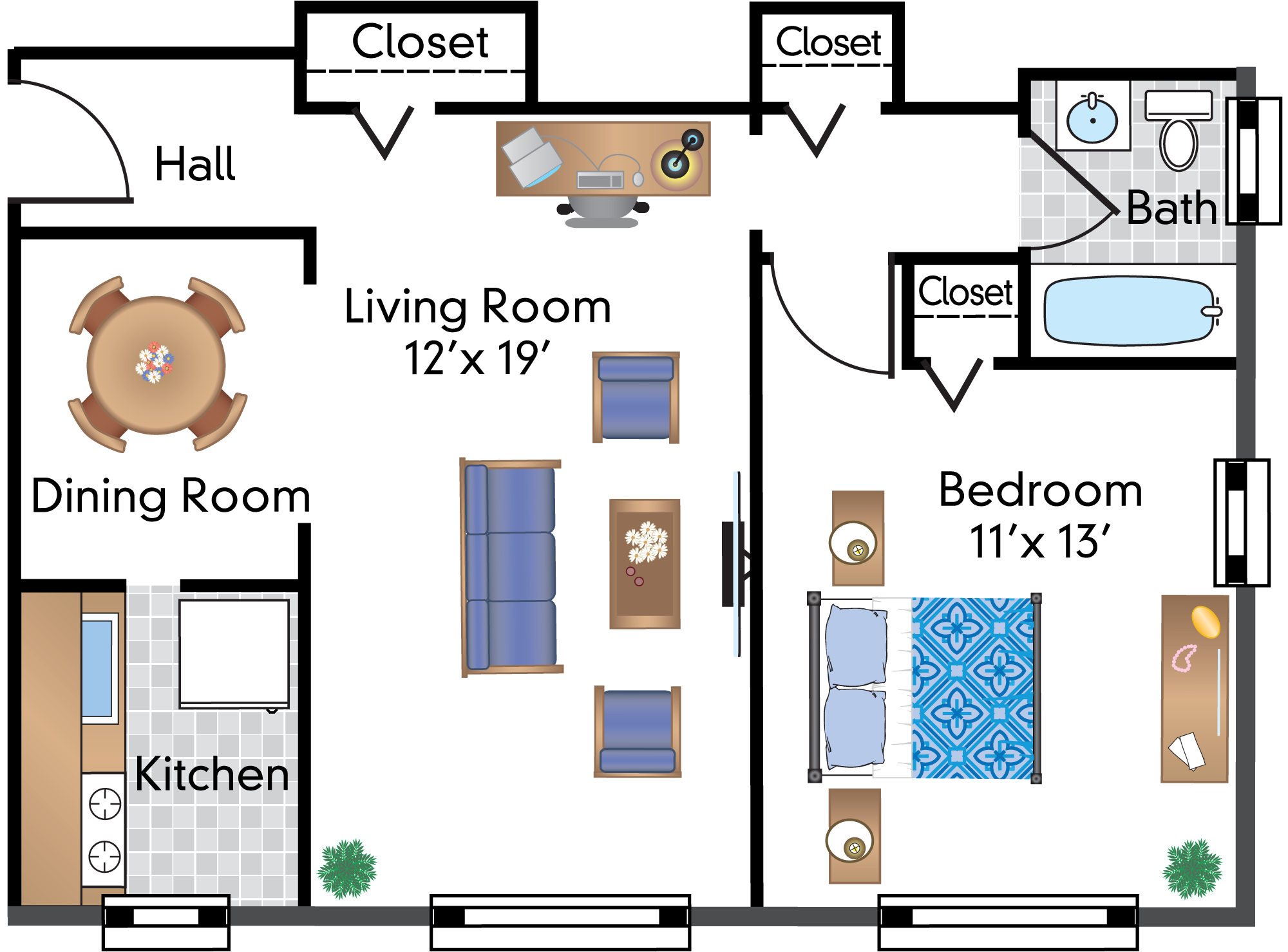 Floor plan for 1 bed, 1 bath, 692 sqft