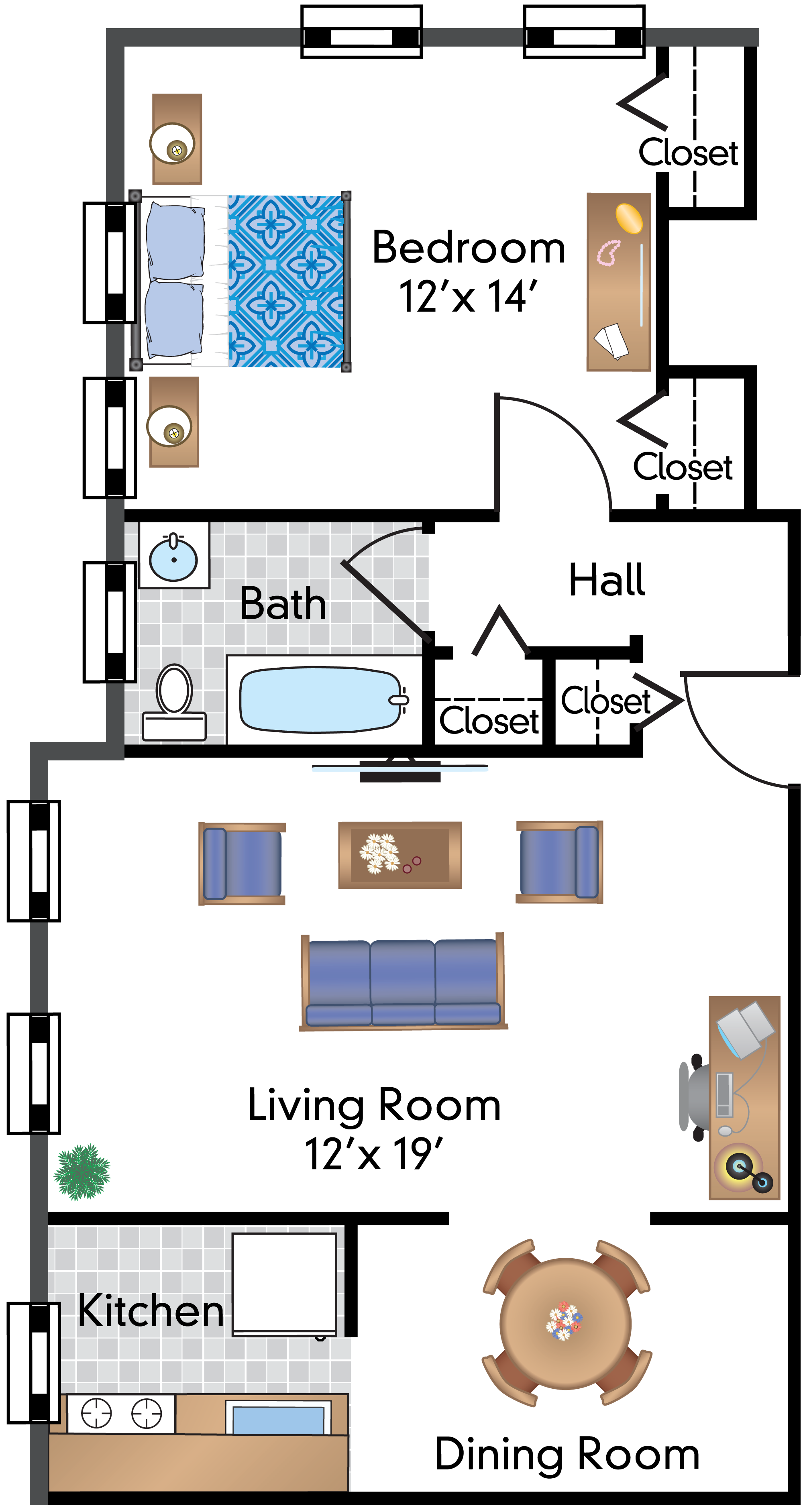 Floor plan for 1 bed, 1 bath, 714 sqft