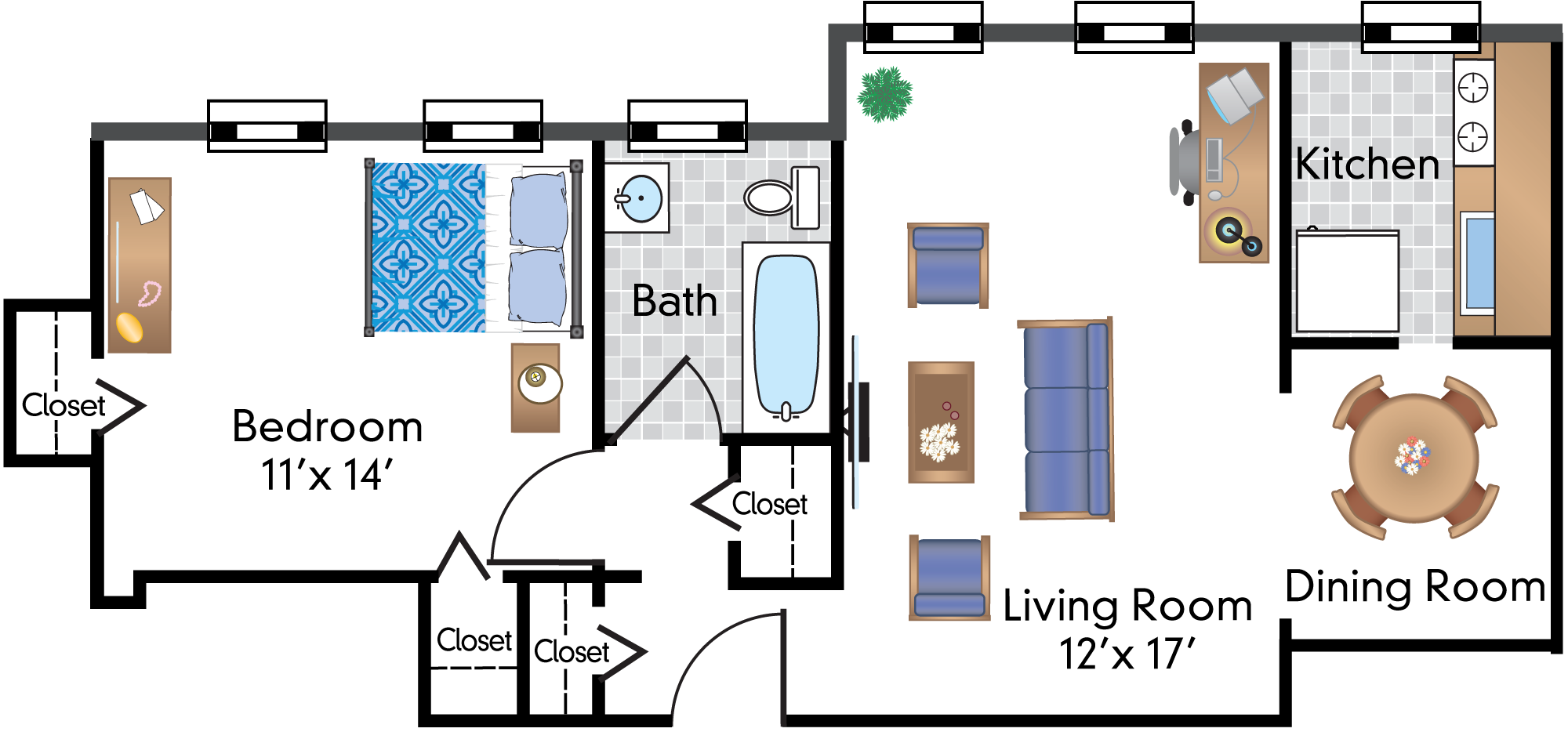 Floor plan for 1 bed, 1 bath, 671 sqft