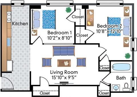 Floor plan for 2 beds, 1 bath, 689 sqft