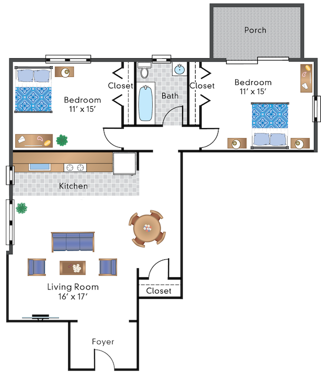 Floor plan for 2 beds, 1 bath, 1118 sqft