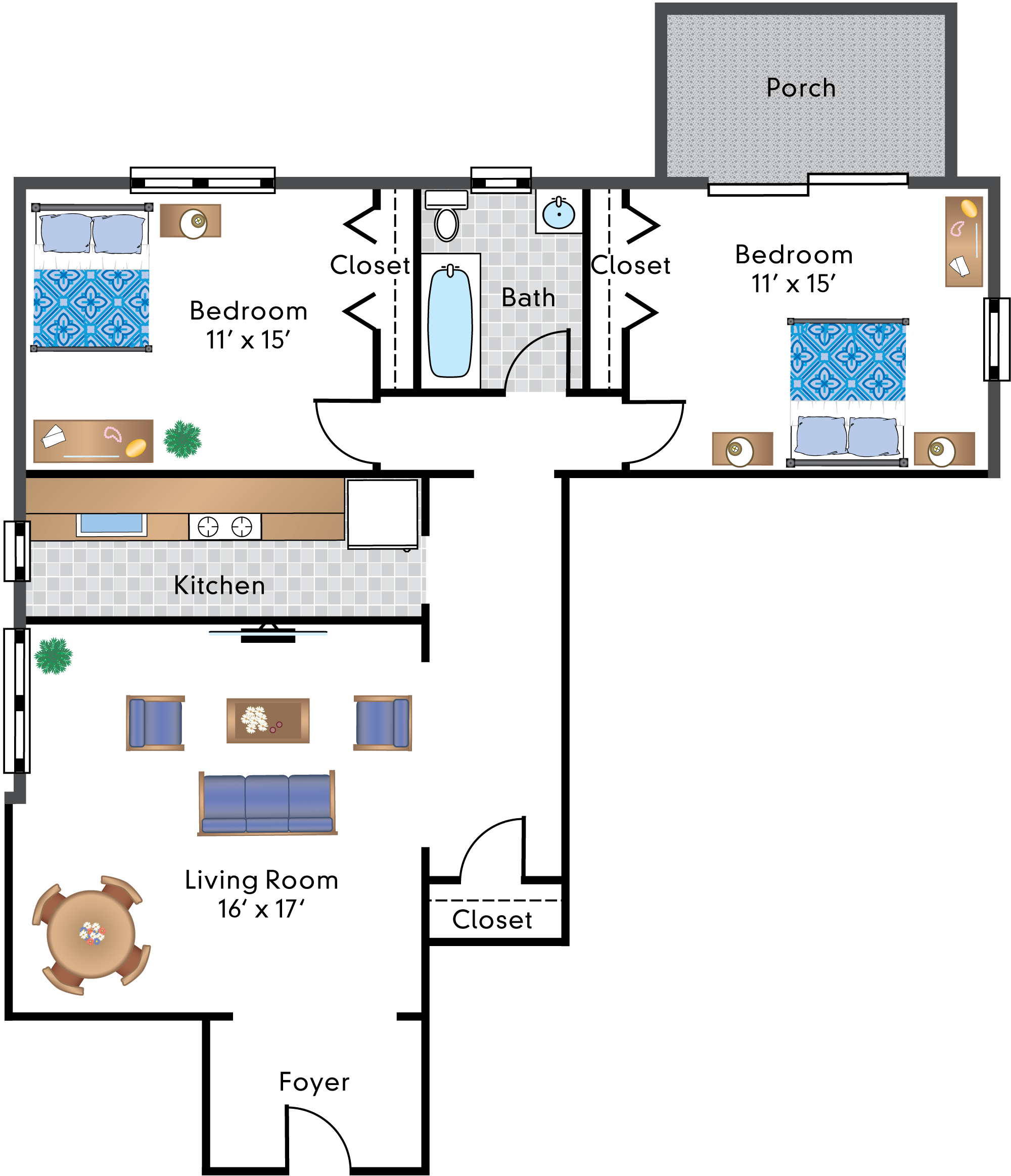 Floor plan for 2 beds, 1 bath, 1118 sqft