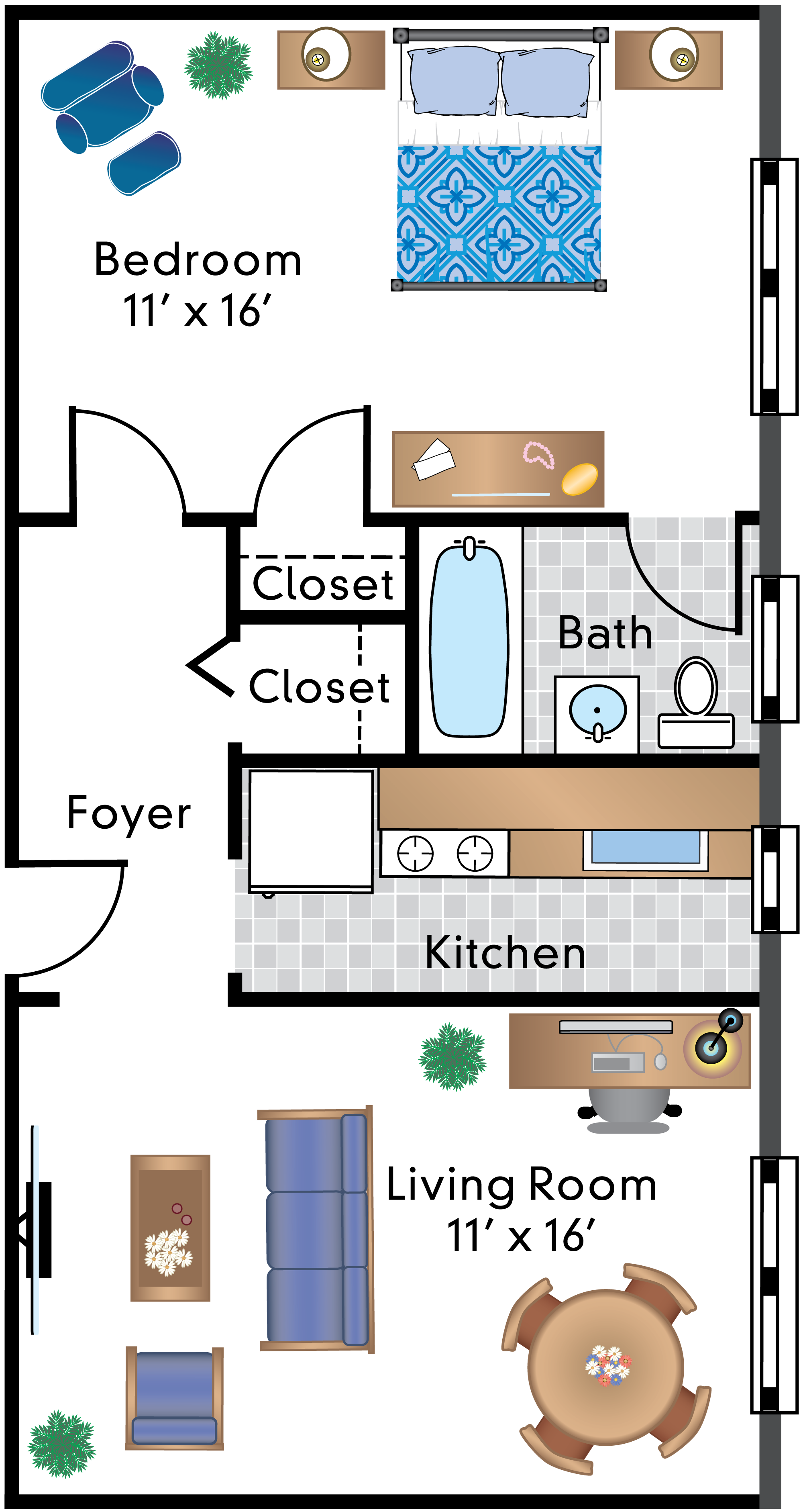 Floor plan for 1 bed, 1 bath, 612 sqft