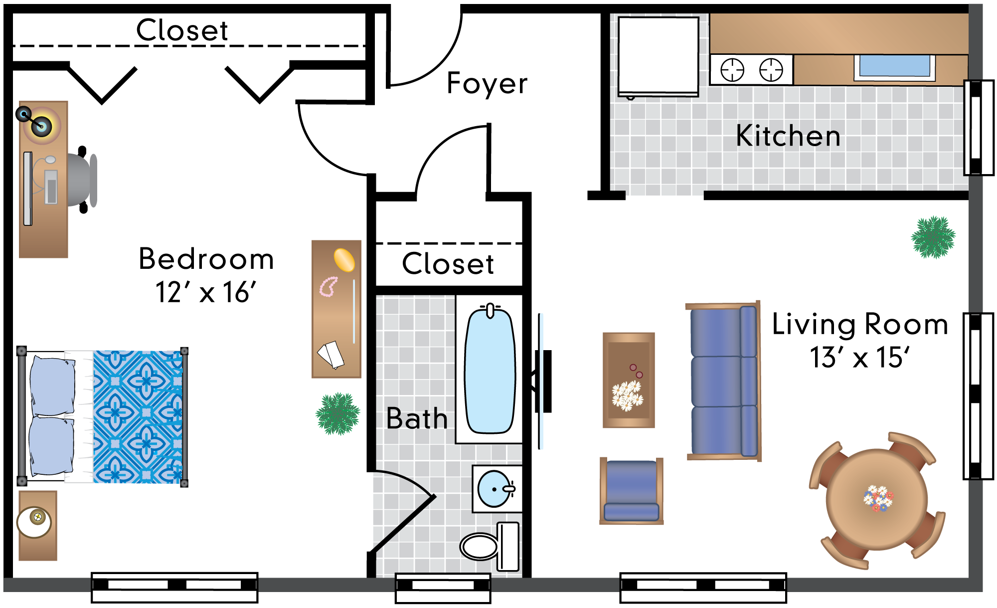 Floor plan for 1 bed, 1 bath, 691 sqft