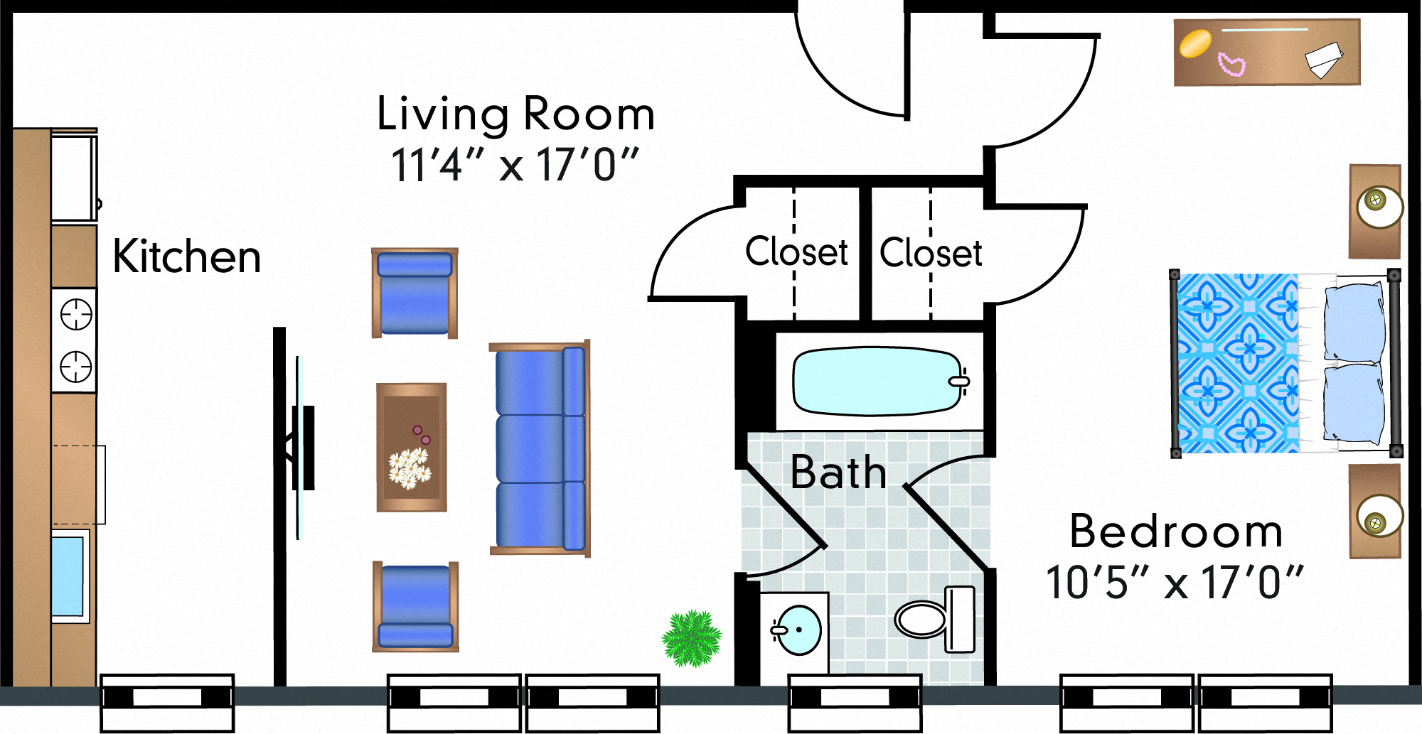 Floor plan for 1 bed, 1 bath, 677 sqft