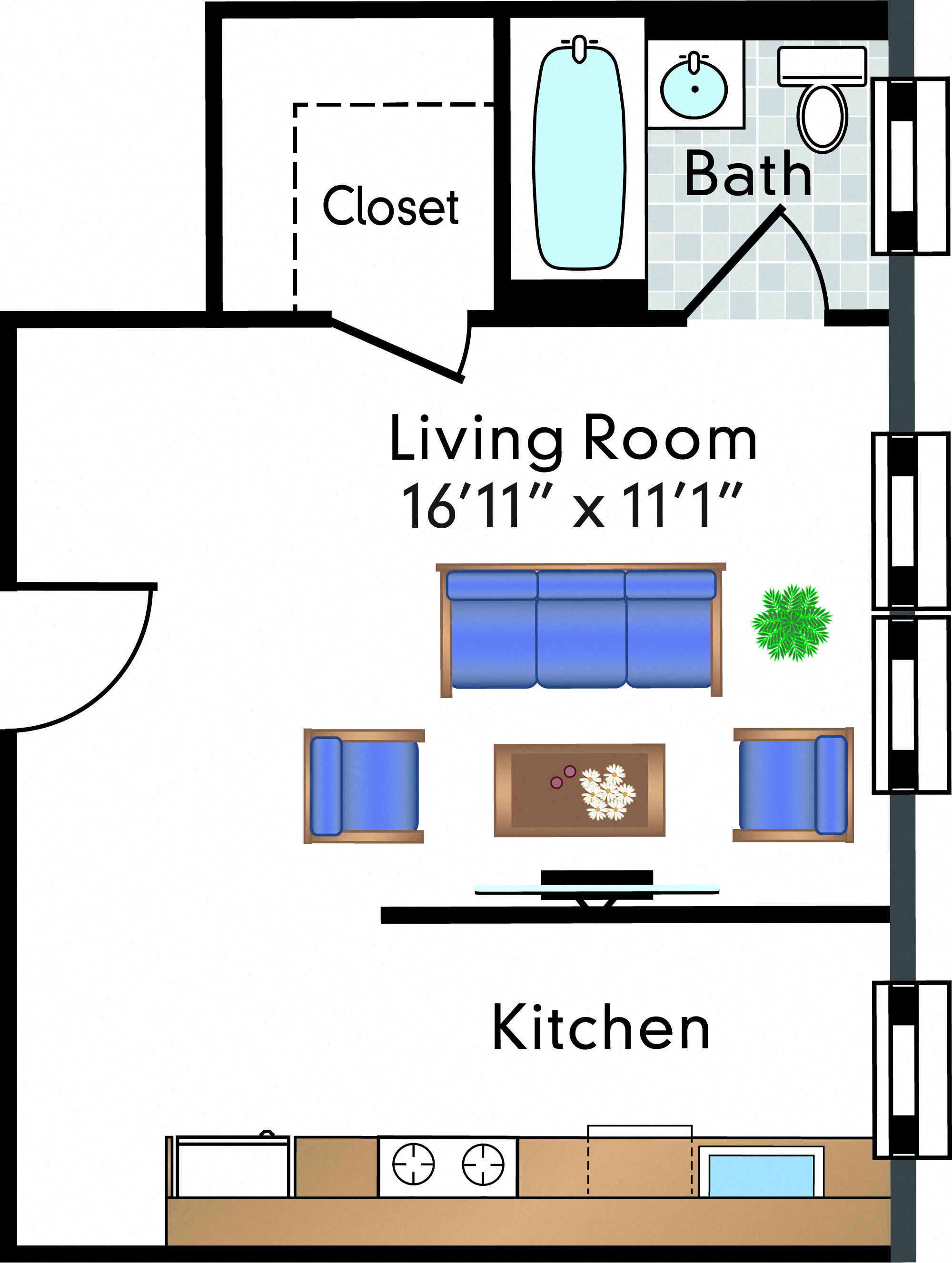 Floor plan for studio, 1 bath, 433 sqft