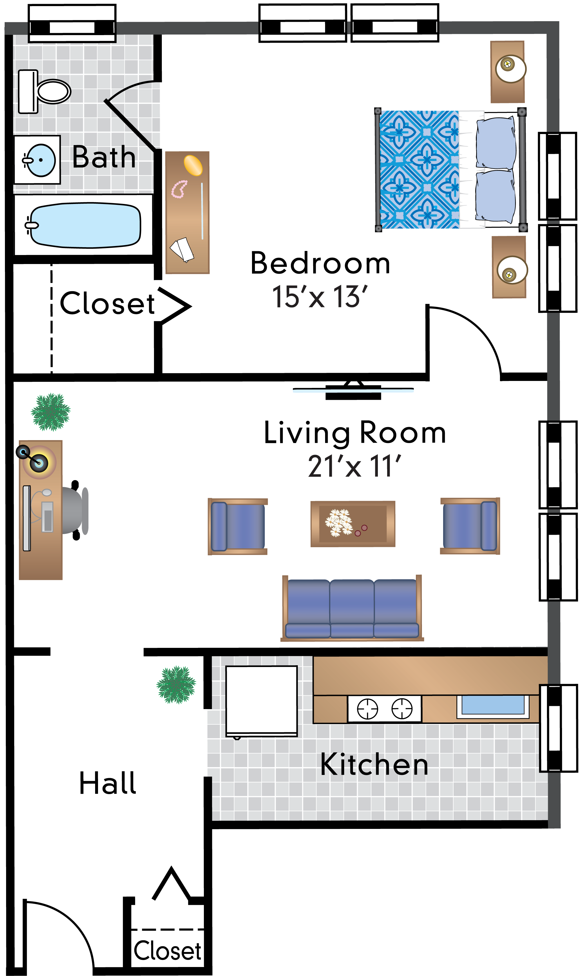 Floor plan for 1 bed, 1 bath, 657 sqft