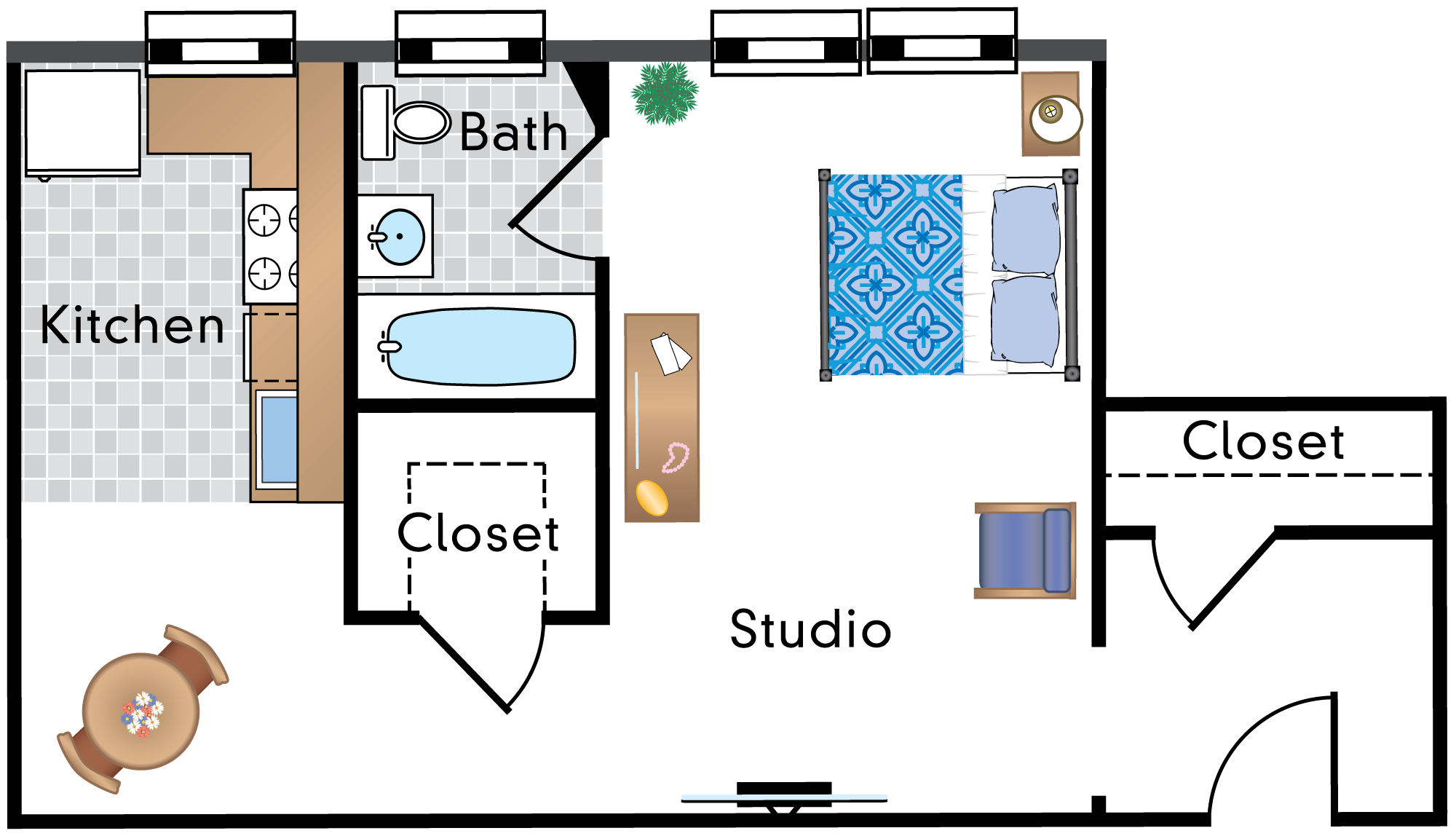 Floor plan for studio, 1 bath, 351 sqft