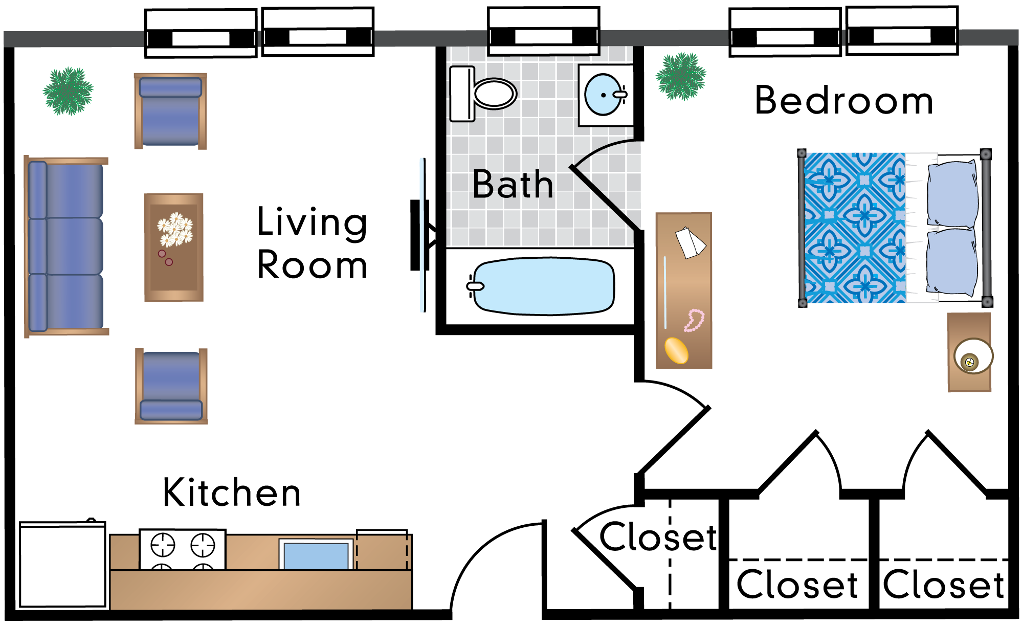 Floor plan for 1 bed, 1 bath, 746 sqft