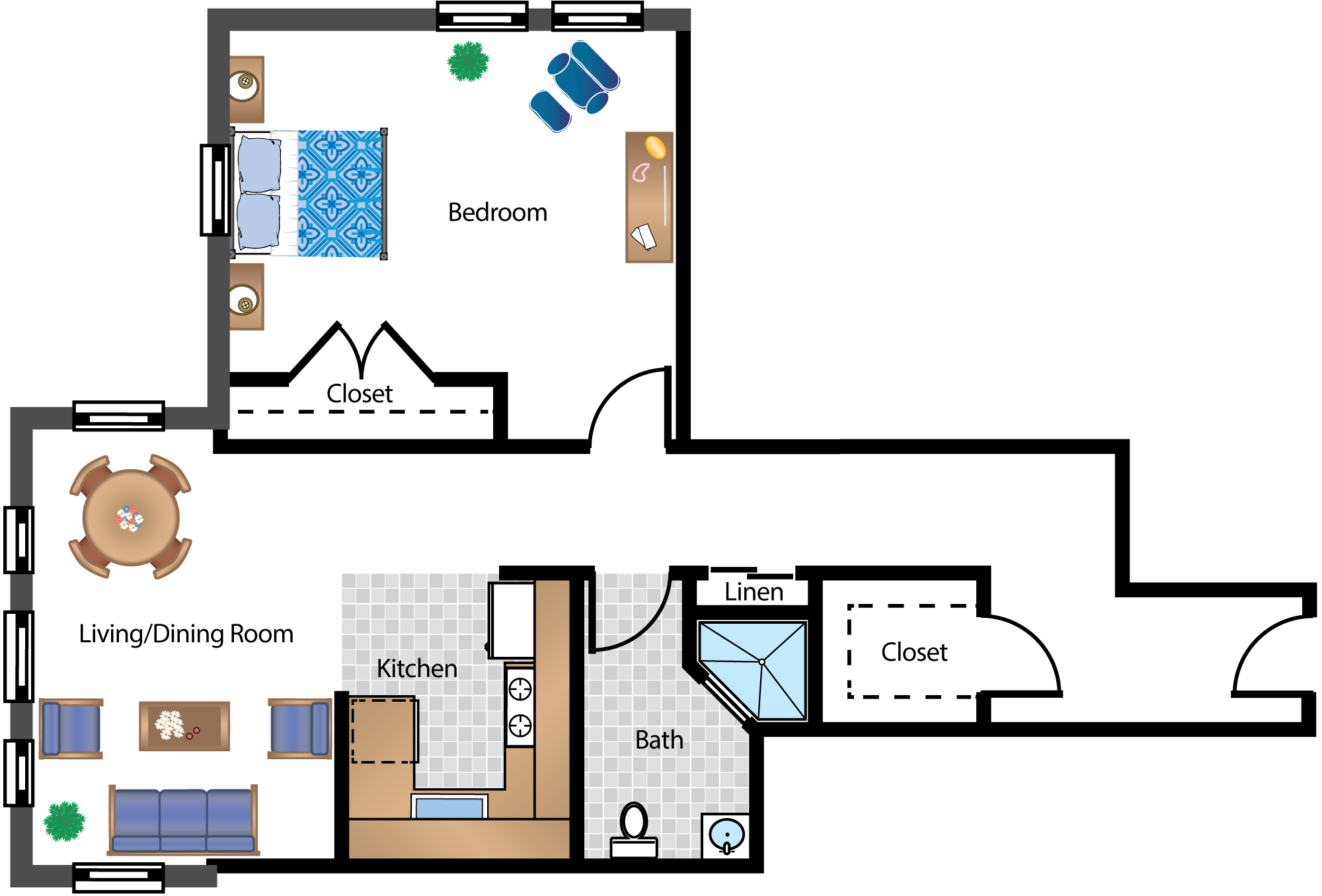 Floor plan for 1 bed, 1 bath, 767 sqft