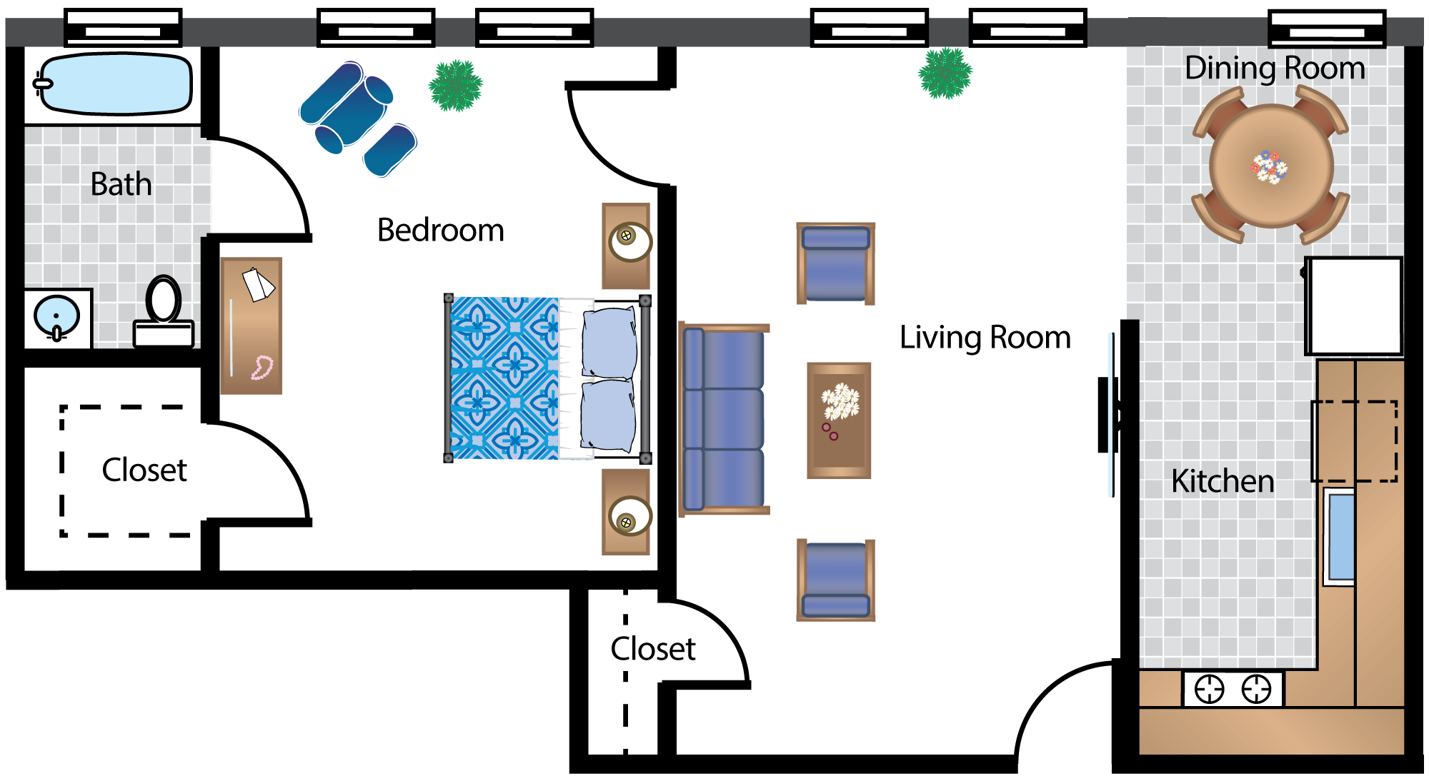 Floor plan for 1 bed, 1 bath, 652 sqft