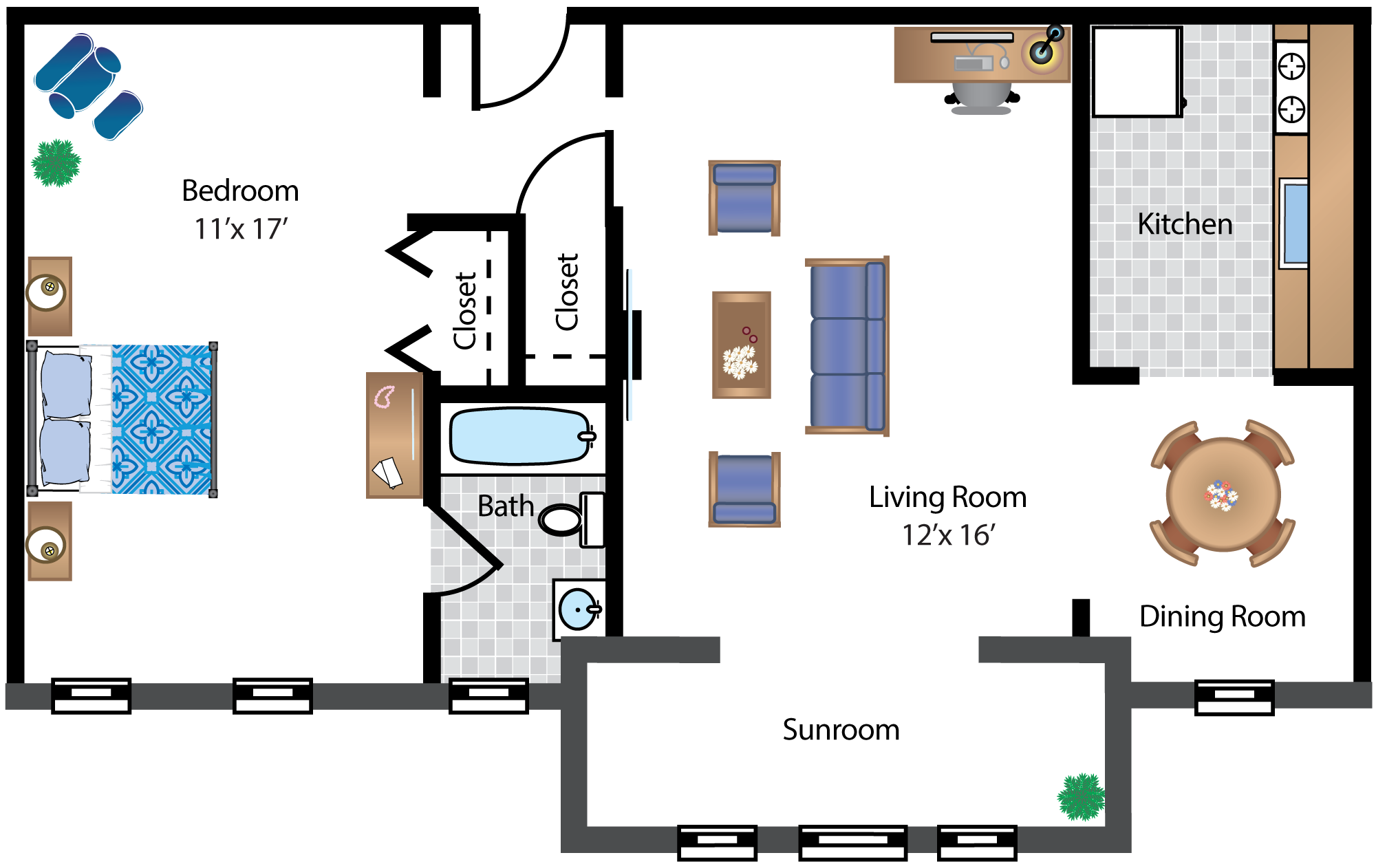 Floor plan for studio, 1 bath, 451 sqft