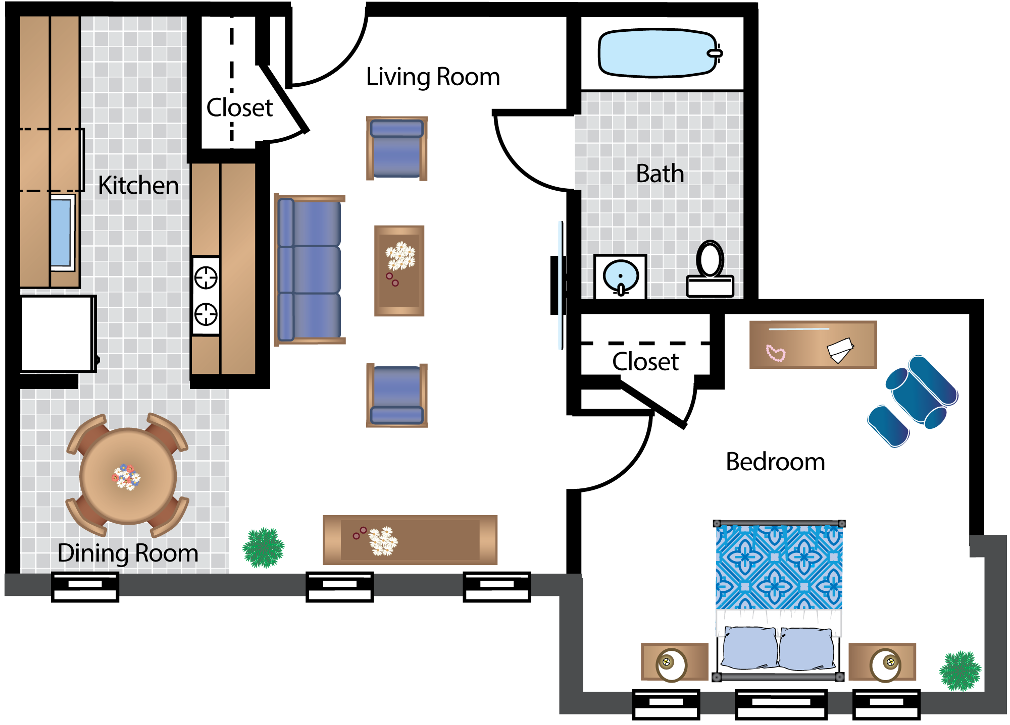 Floor plan for 1 bed, 1 bath, 652 sqft