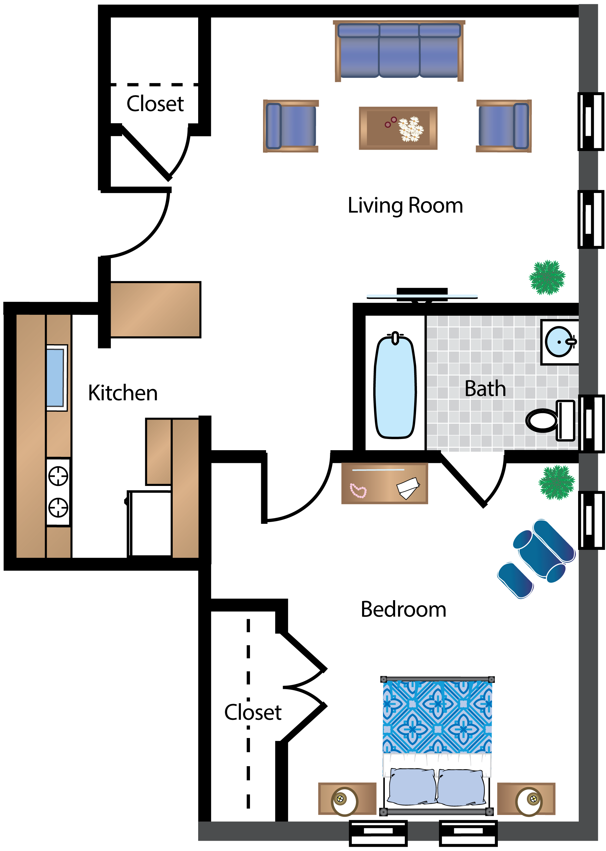 Floor plan for 1 bed, 1 bath, 565 sqft
