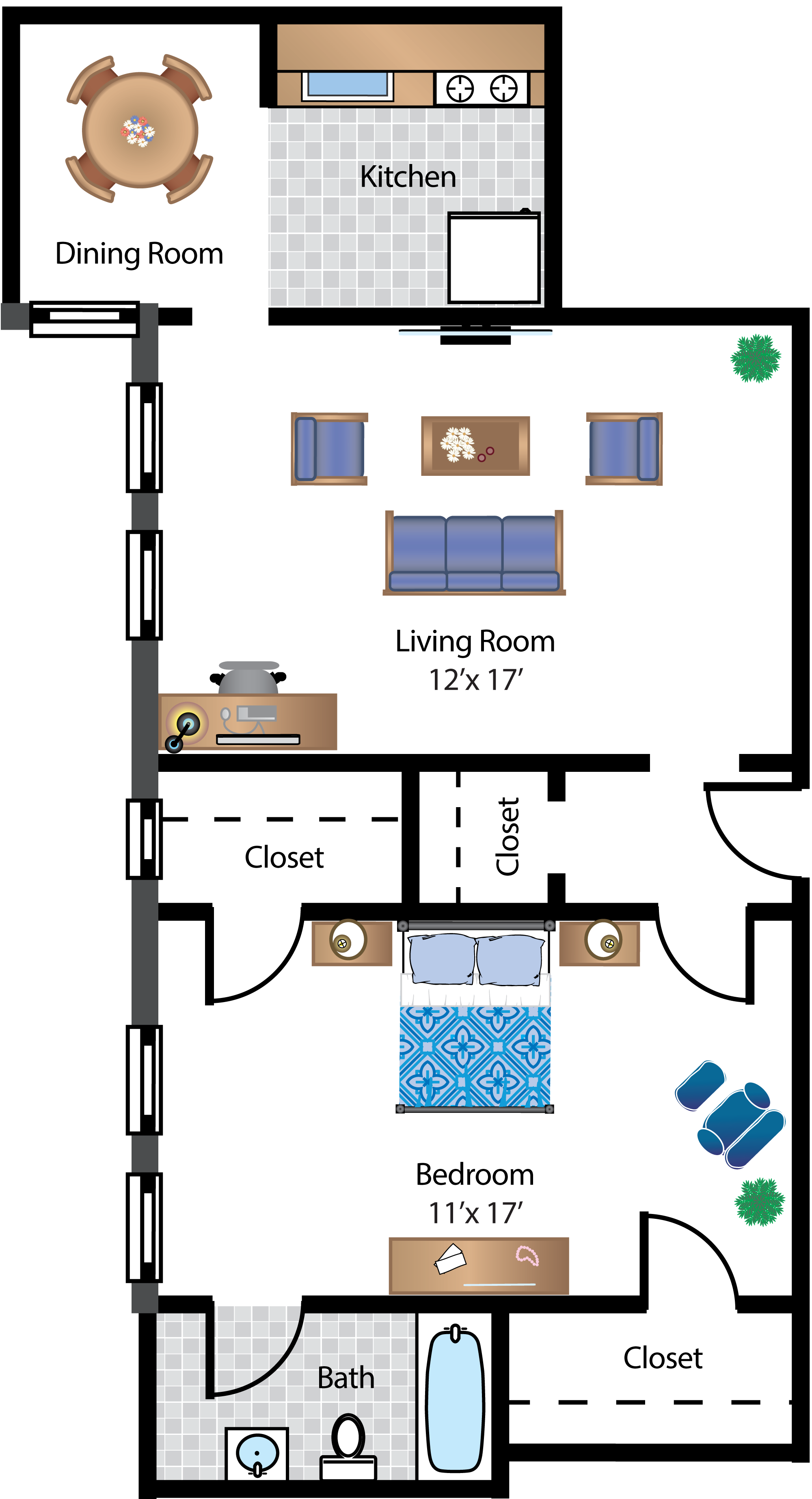 Floor plan for 1 bed, 1 bath, 741 sqft