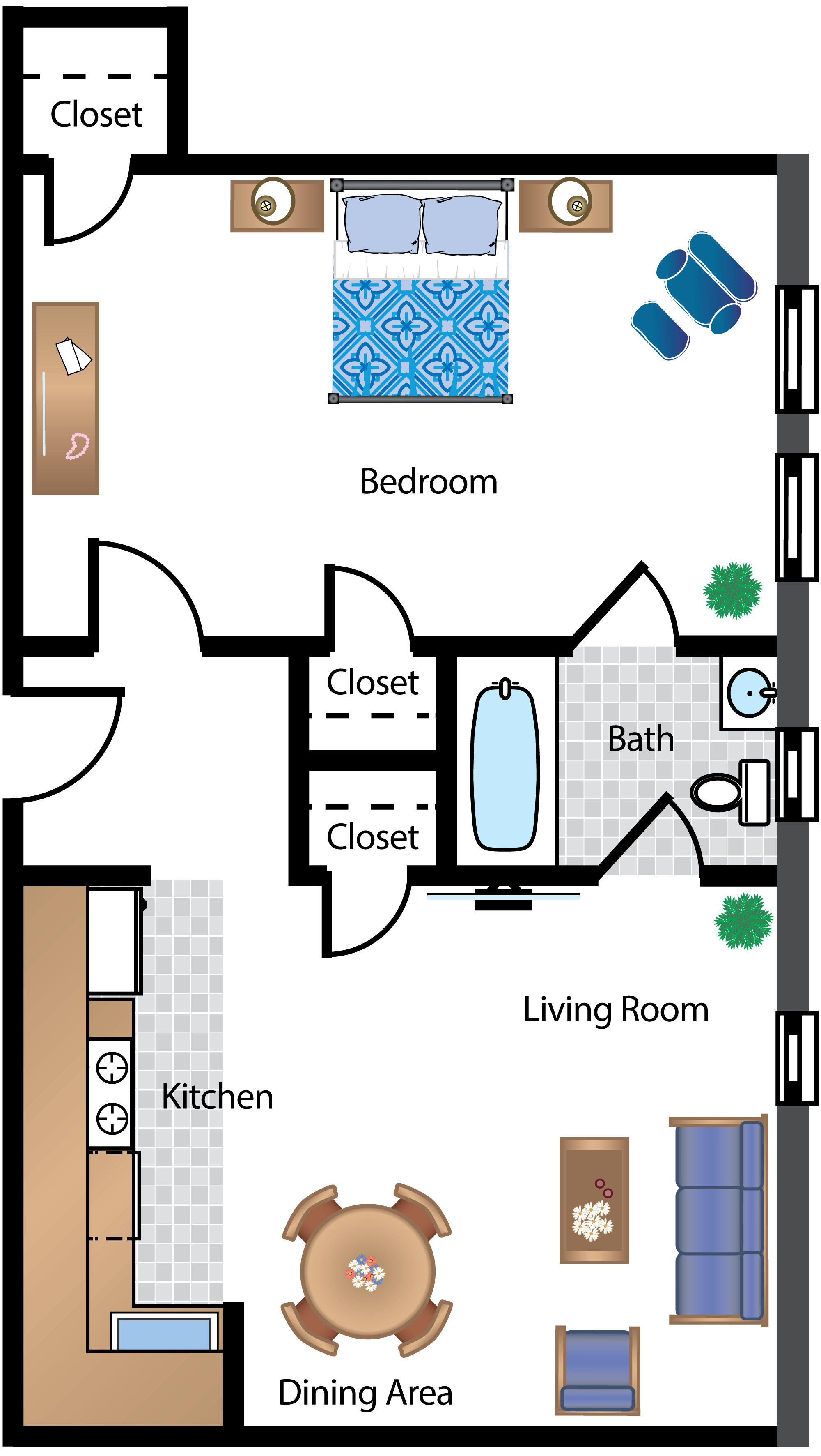 Floor plan for 1 bed, 1 bath, 573 sqft