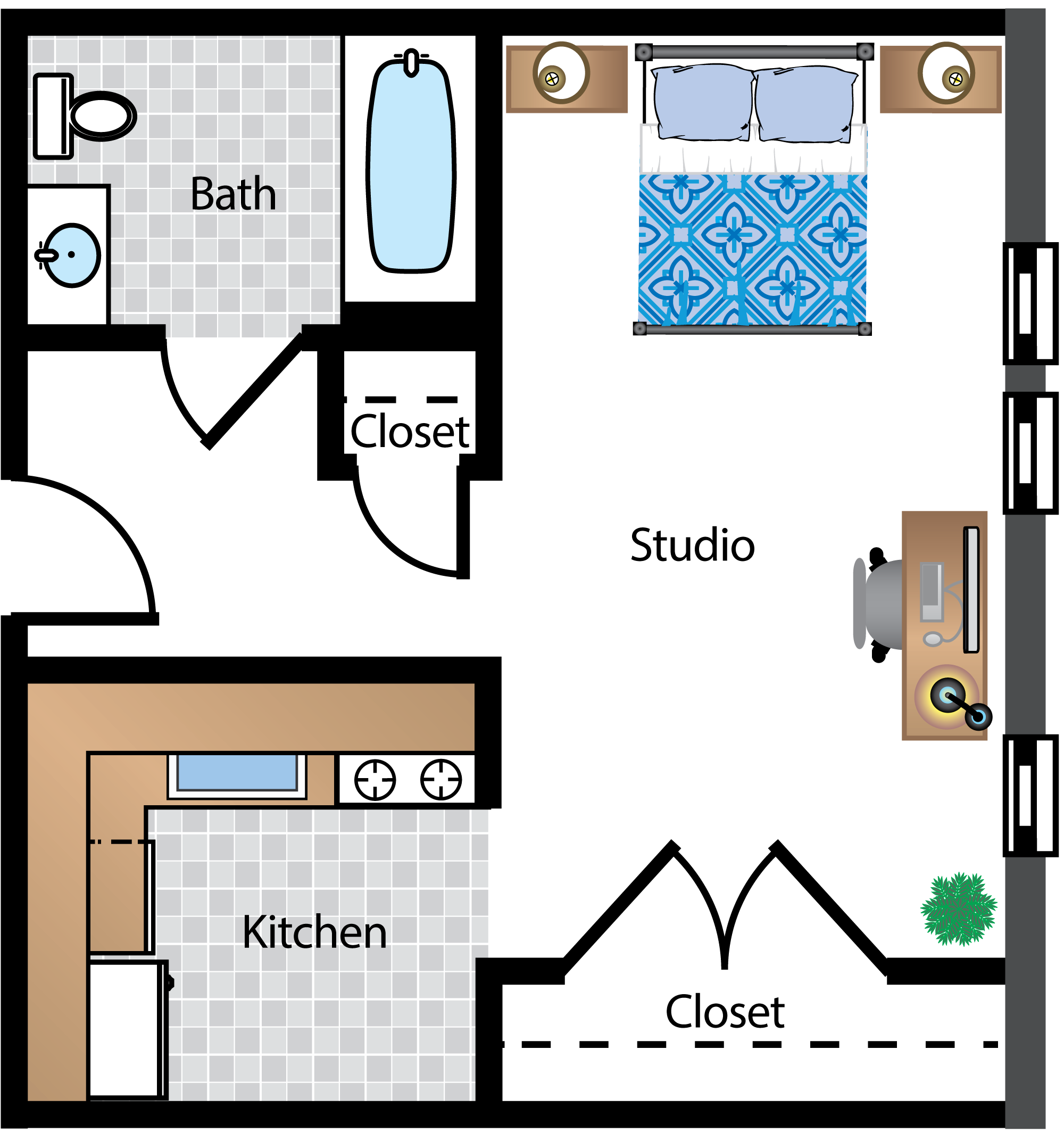 Floor plan for studio, 1 bath, 418 sqft