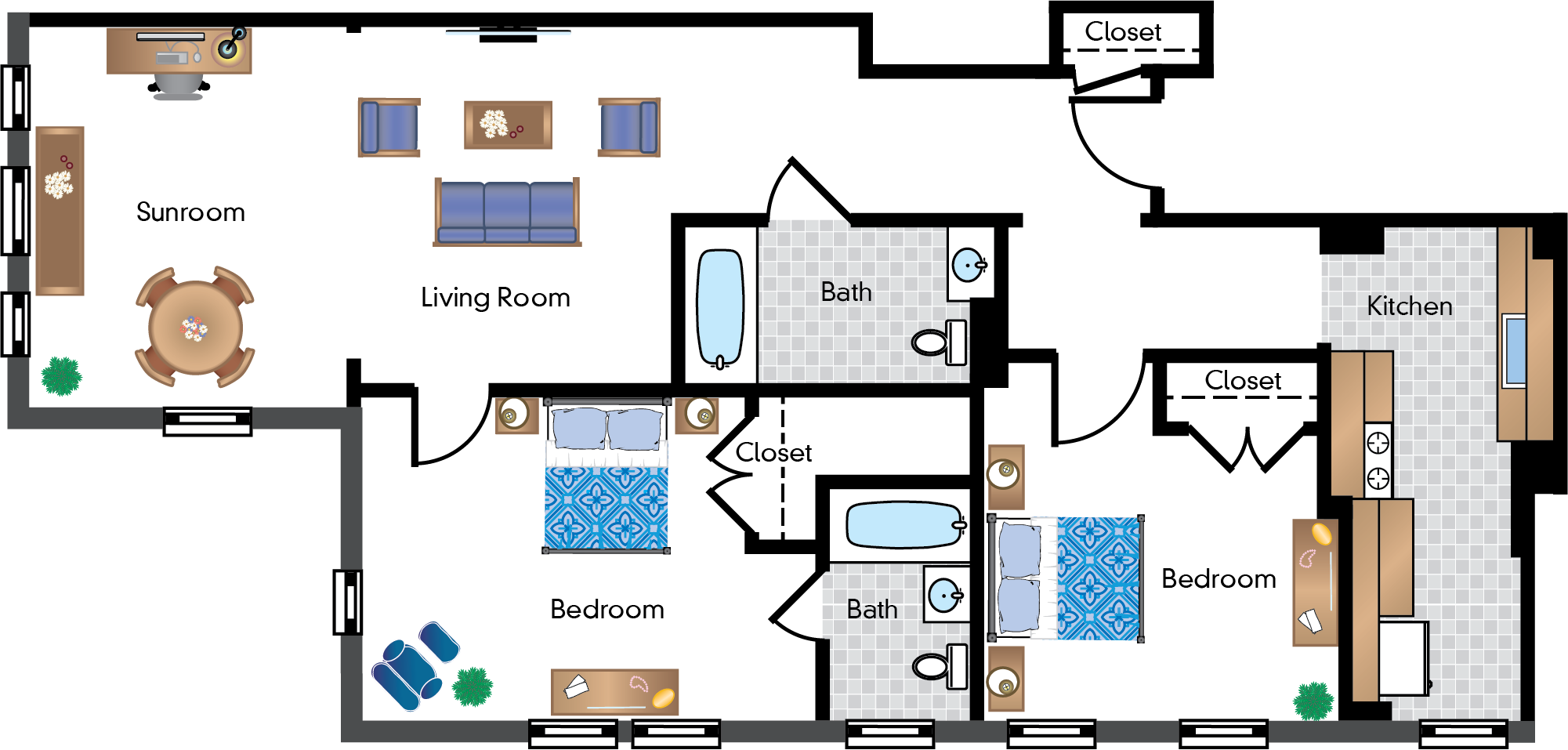 Floor plan for 2 beds, 2 baths, 886 sqft