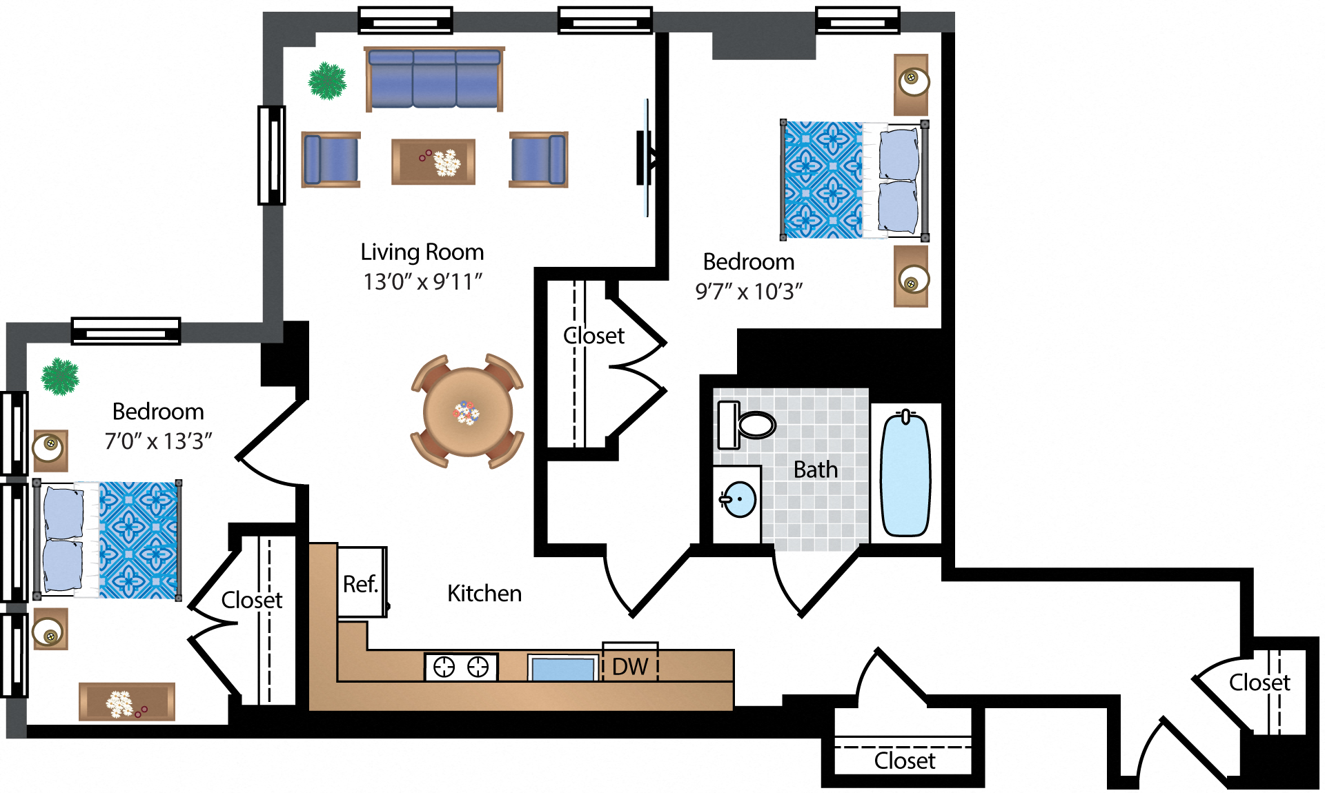 Floor plan for 2 beds, 1 bath, 867 sqft
