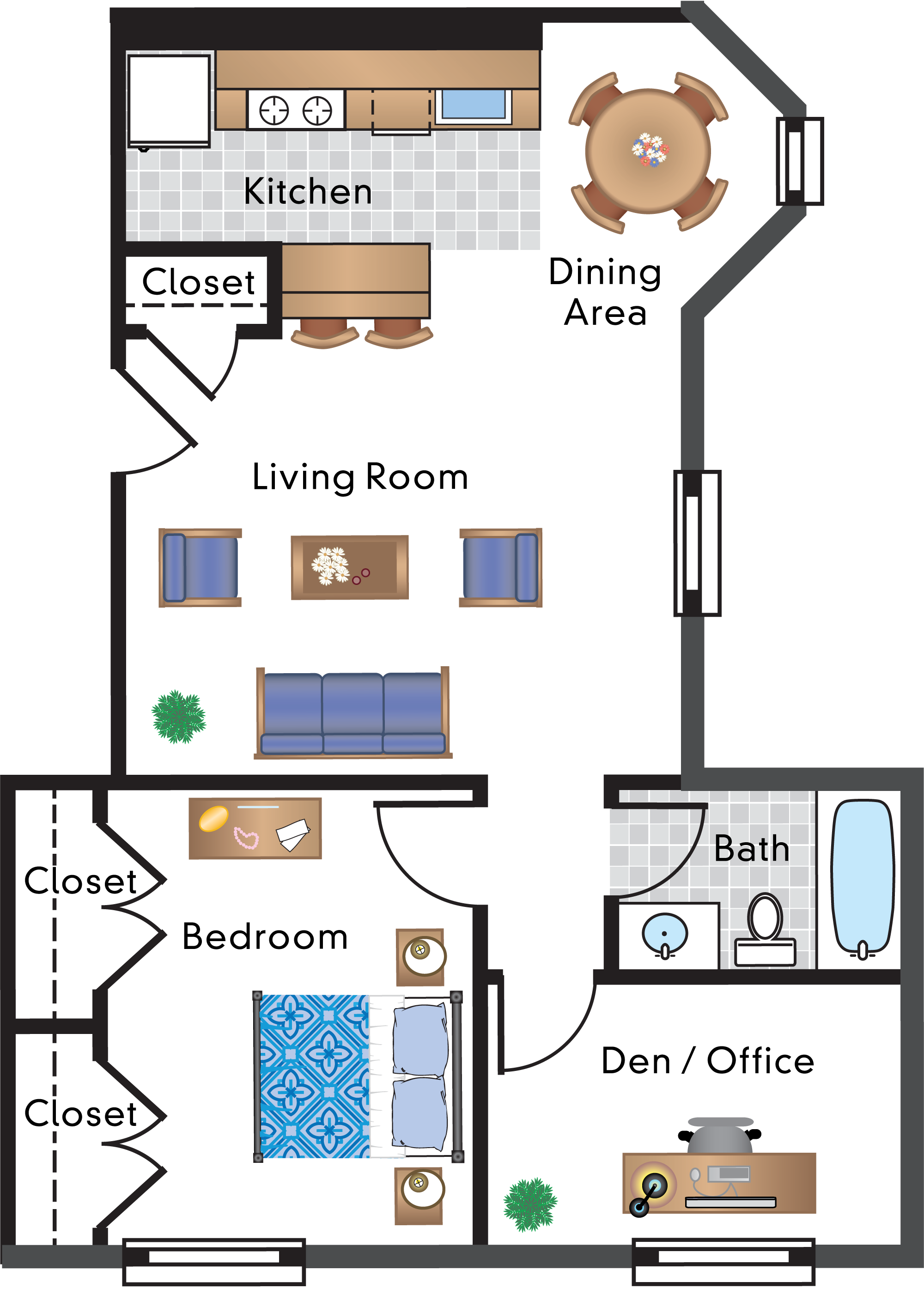 Floor plan for 1 bed, 1 bath, 796 sqft