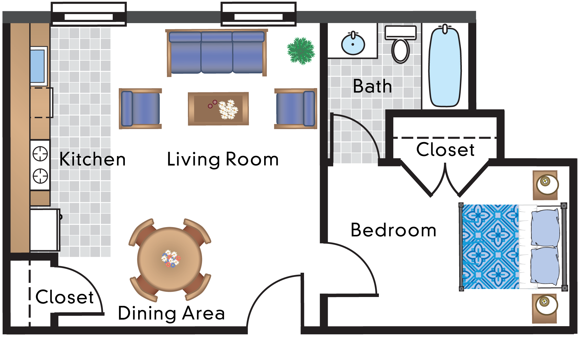 Floor plan for studio, 1 bath, 530 sqft