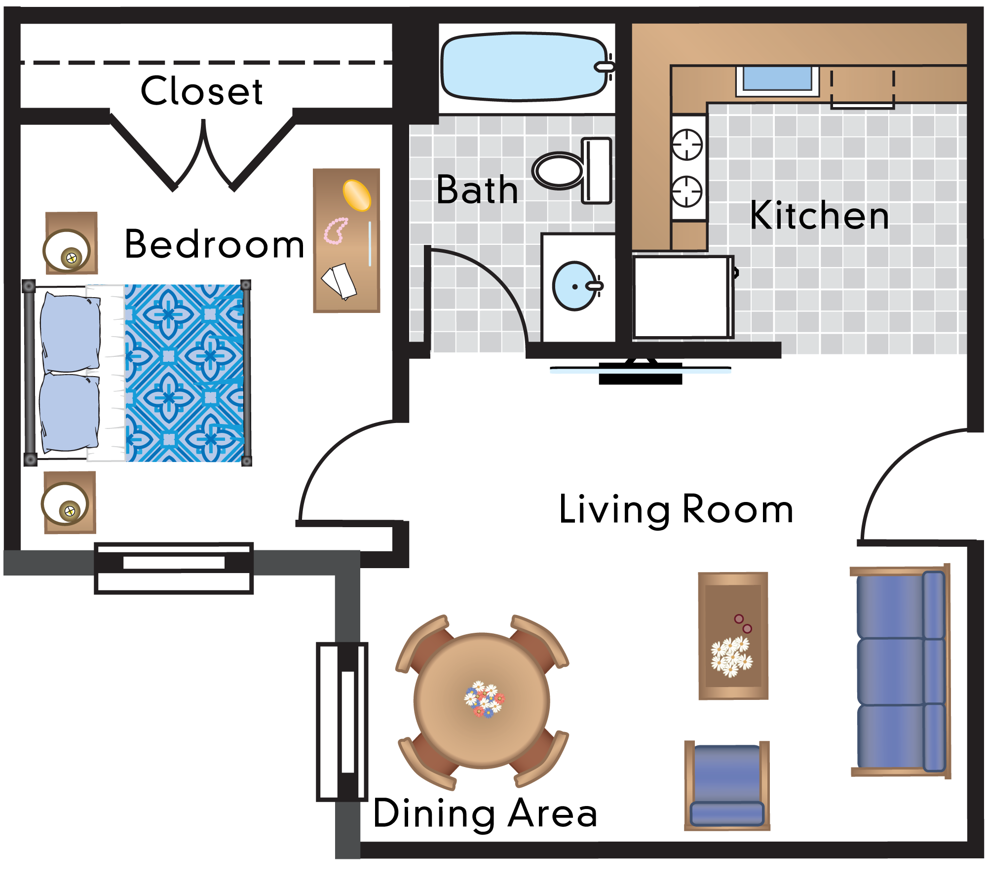 Floor plan for 1 bed, 1 bath, 513 sqft
