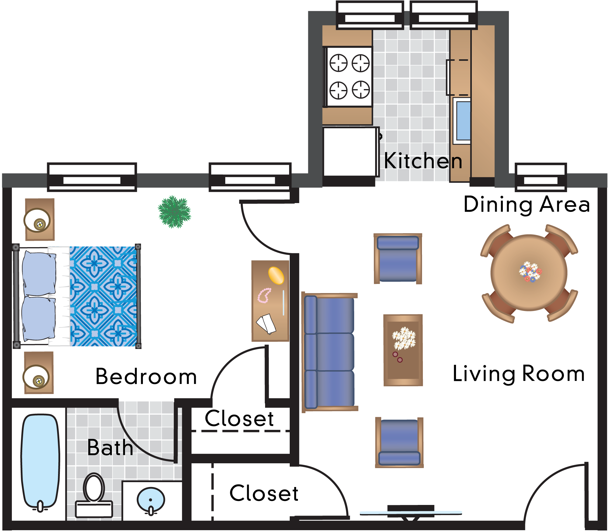 Floor plan for 1 bed, 1 bath, 557 sqft