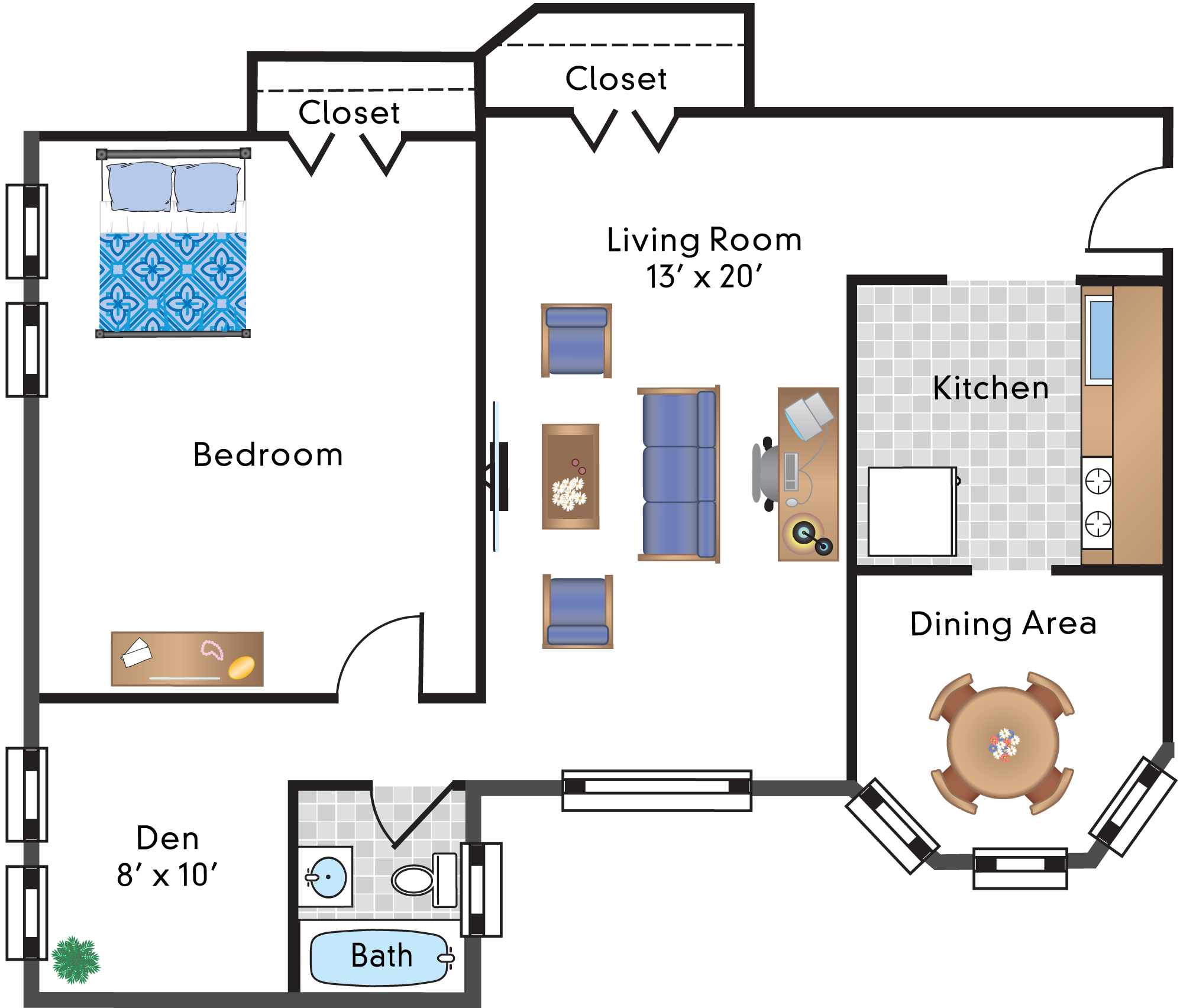 Floor plan for 1 bed, 1 bath, 913 sqft