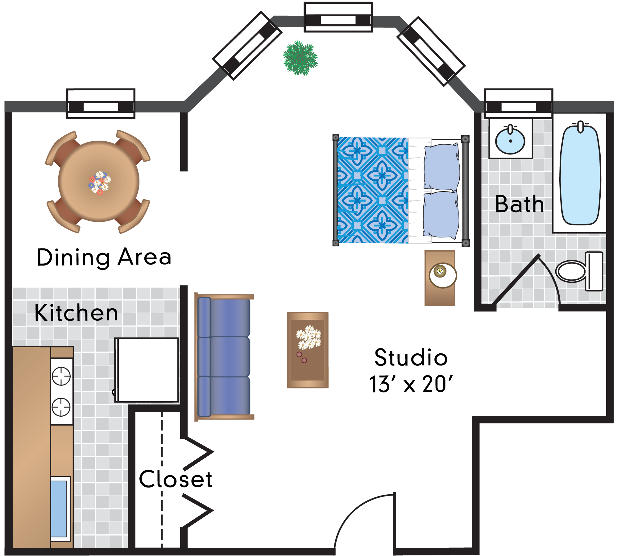 Floor plan for studio, 1 bath, 542 sqft
