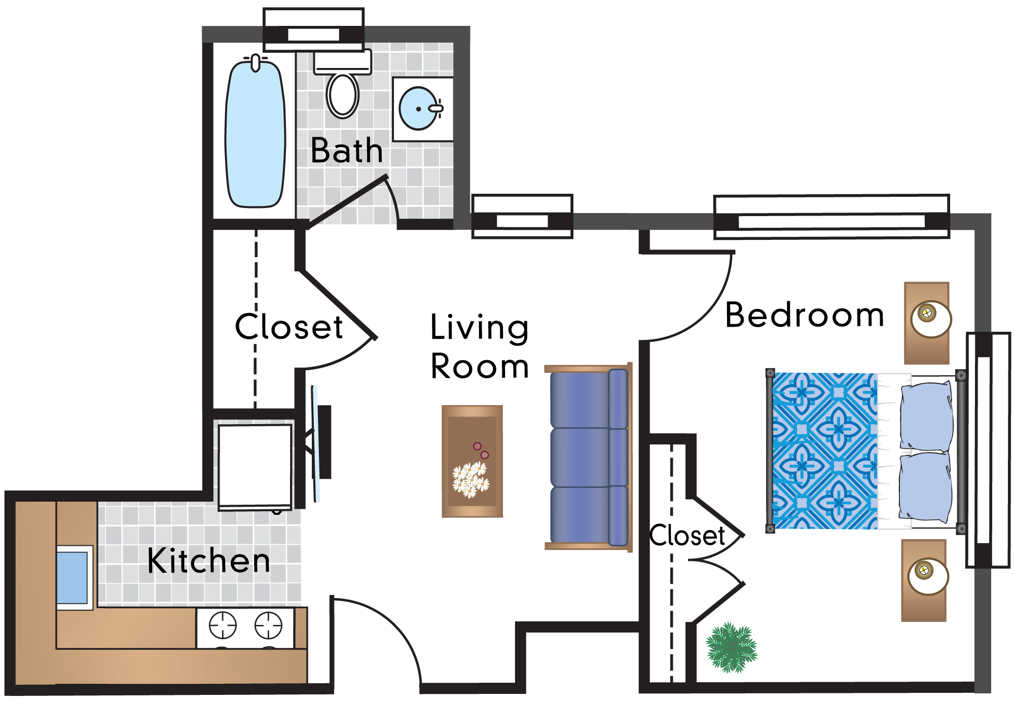 Floor plan for 1 bed, 1 bath, 507 sqft