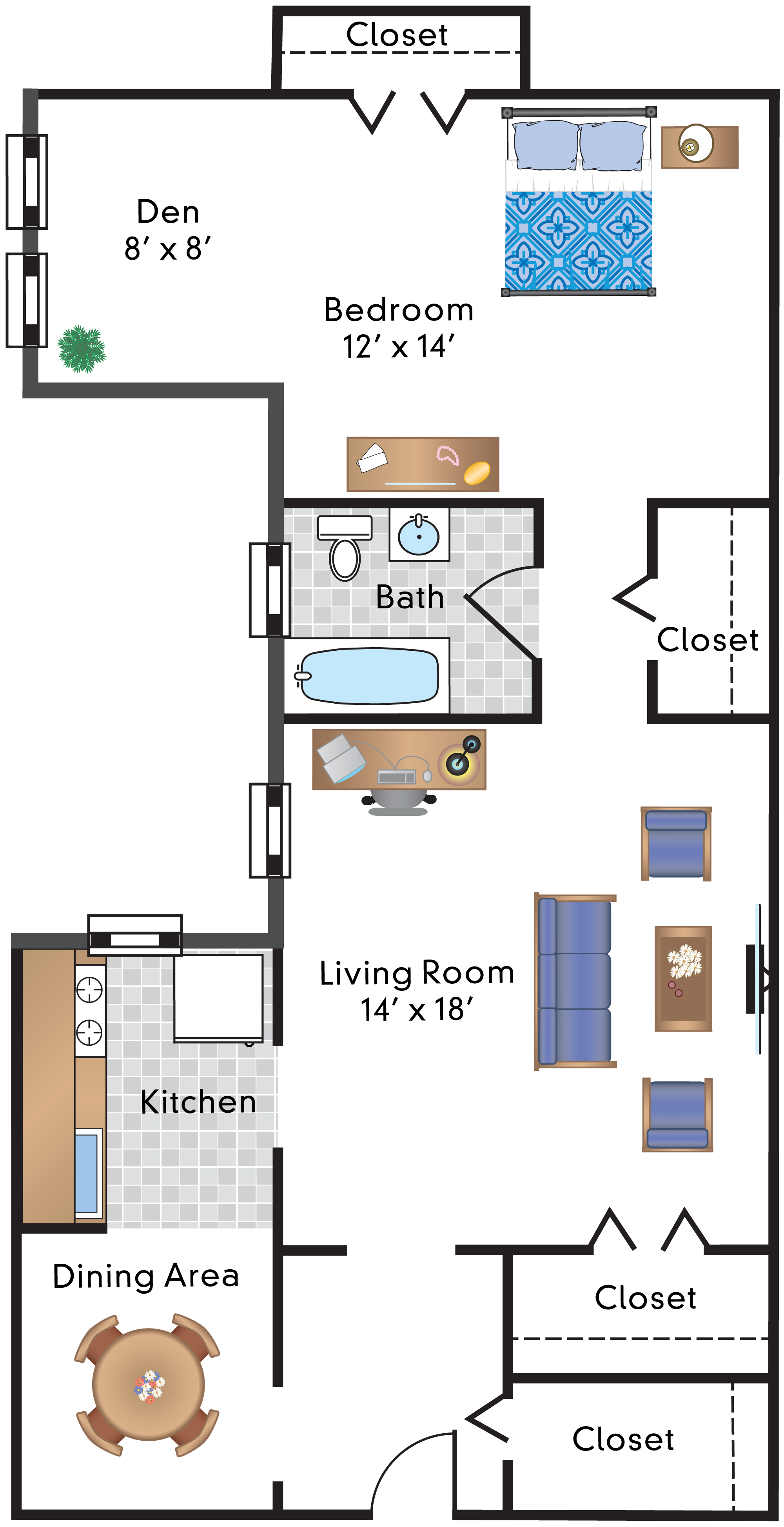 Floor plan for 1 bed, 1 bath, 855 sqft