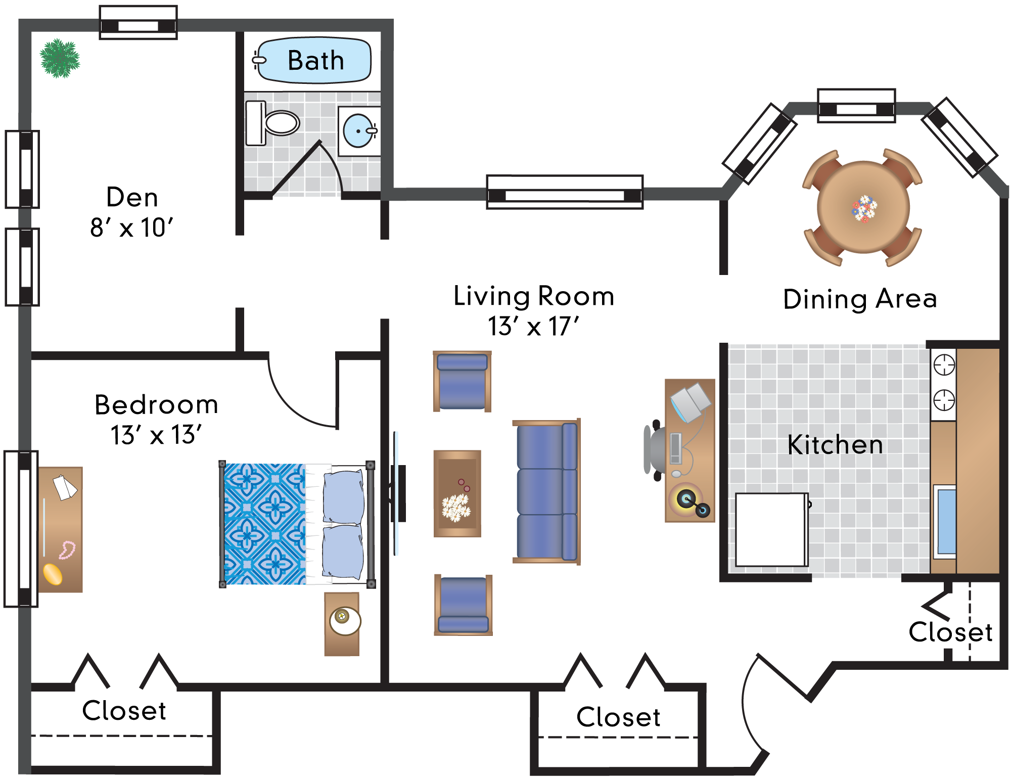 Floor plan for 1 bed, 1 bath, 1043 sqft