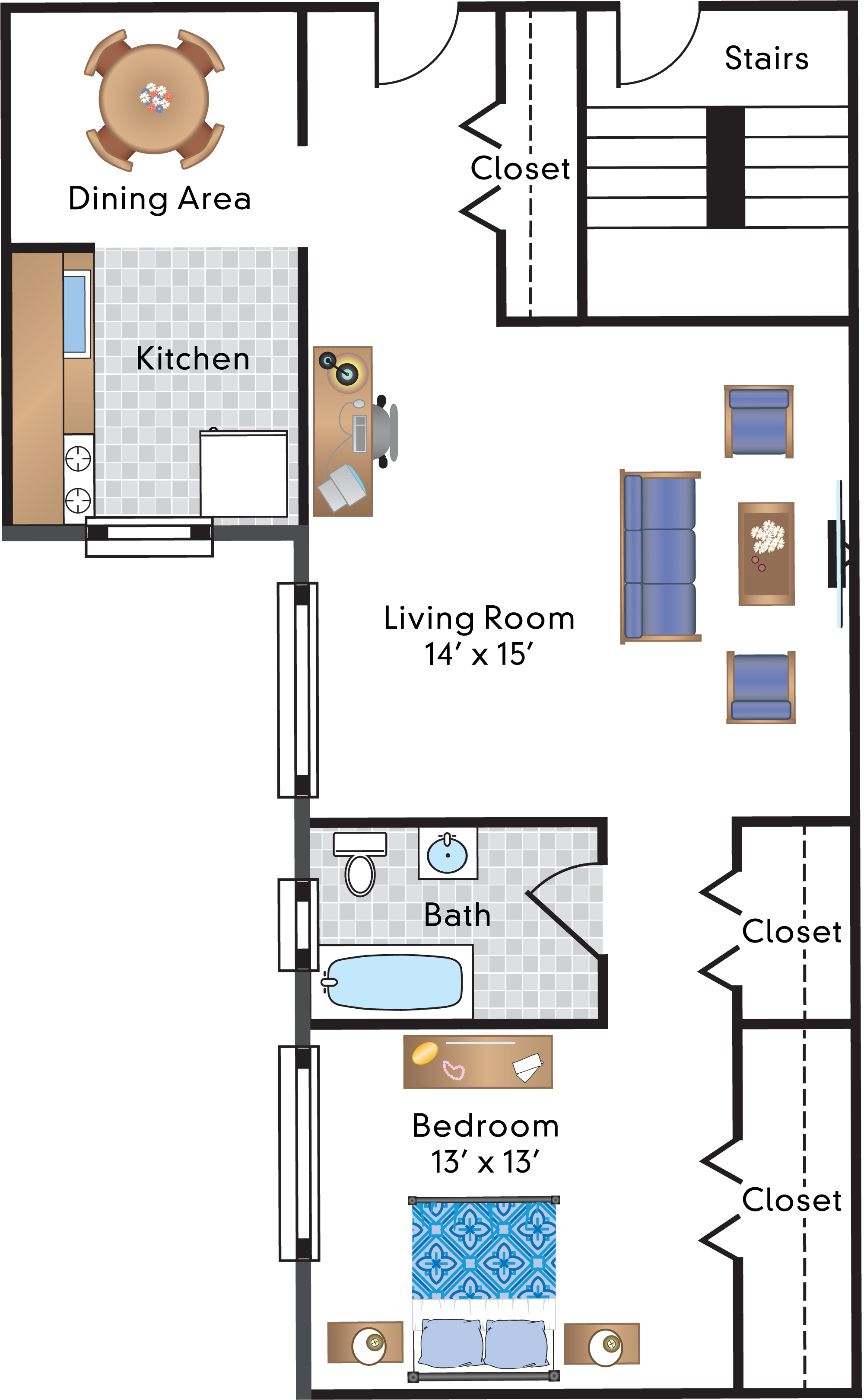 Floor plan for 1 bed, 1 bath, 741 sqft