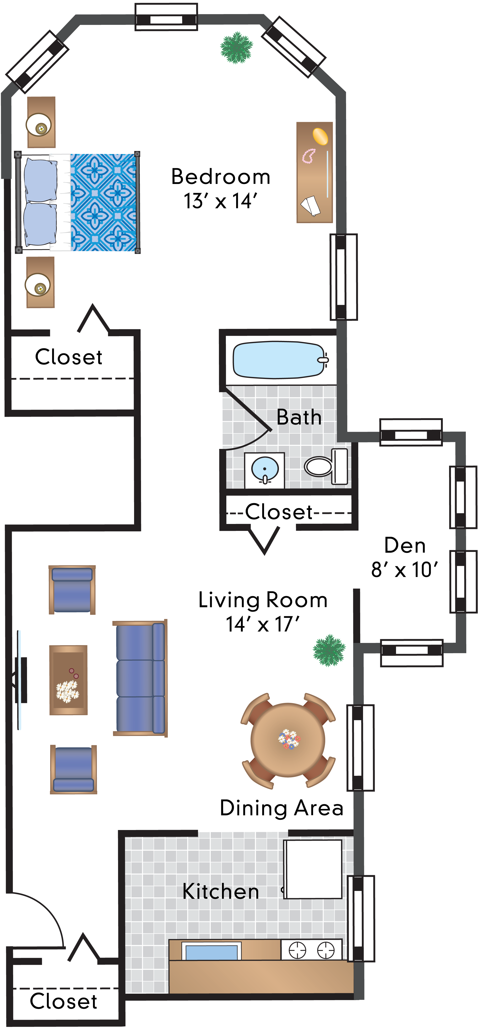 Floor plan for 1 bed, 1 bath, 814 sqft