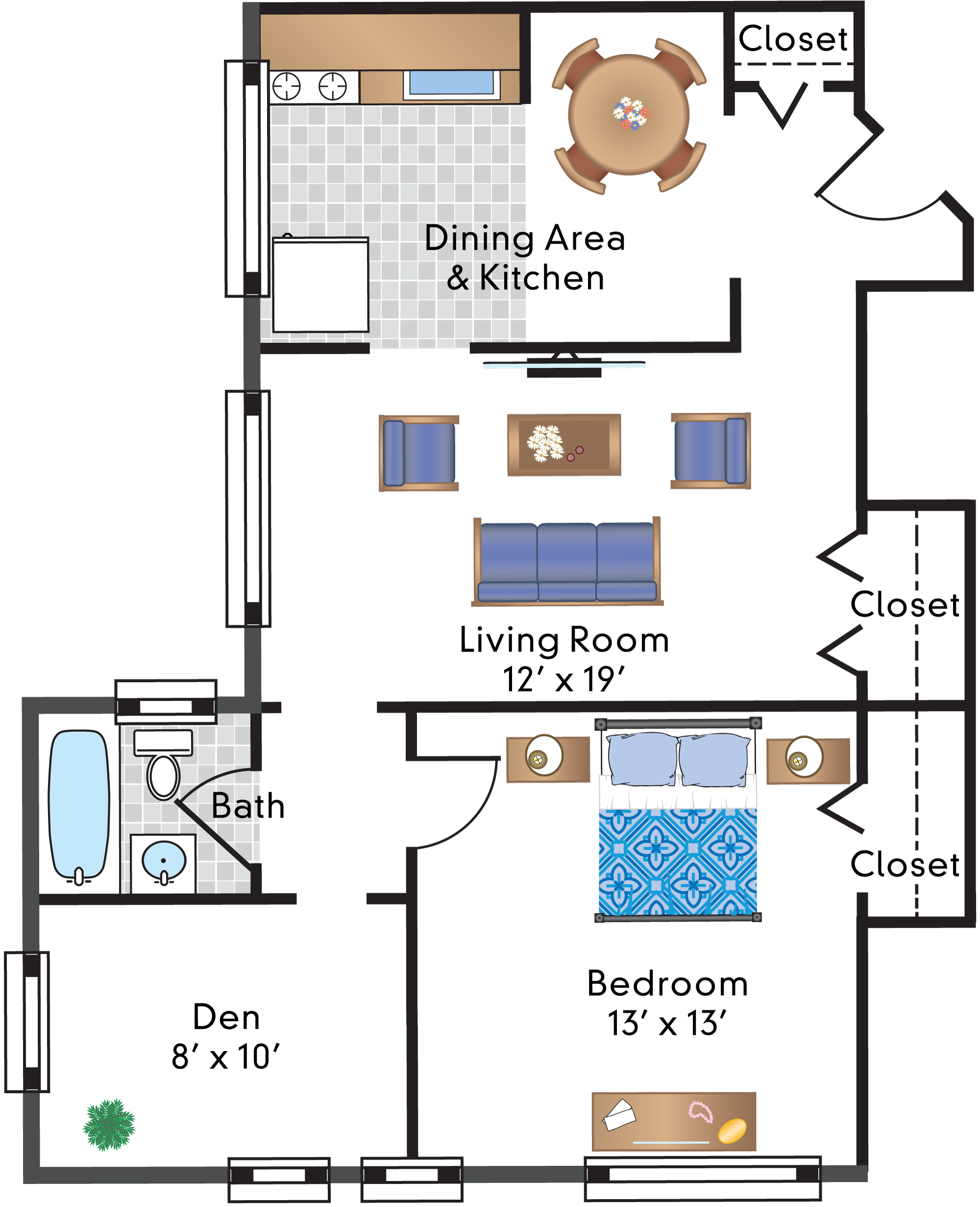 Floor plan for 1 bed, 1 bath, 865 sqft