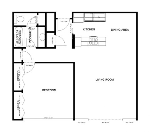 Floor plan for 1 bed, 1 bath, 740 sqft