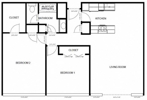 Floor plan for 2 beds, 1 bath, 1048 sqft
