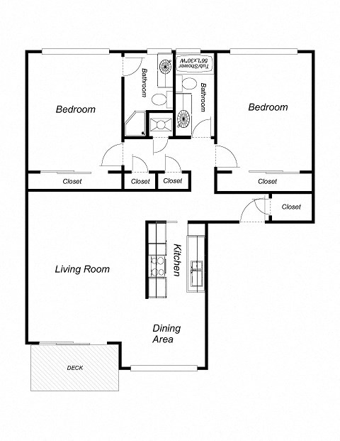 Floor plan for 2 beds, 2 baths, 1036 sqft