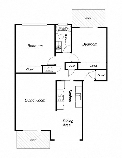 Floor plan for 2 beds, 1 bath, 1000 sqft