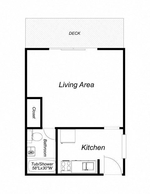 Floor plan for studio, 1 bath, 400 sqft