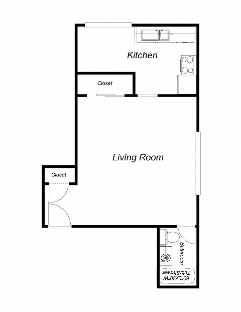 Floor plan for studio, 1 bath, 570 sqft
