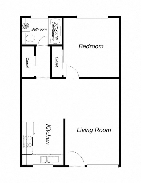Floor plan for 1 bed, 1 bath, 630 sqft