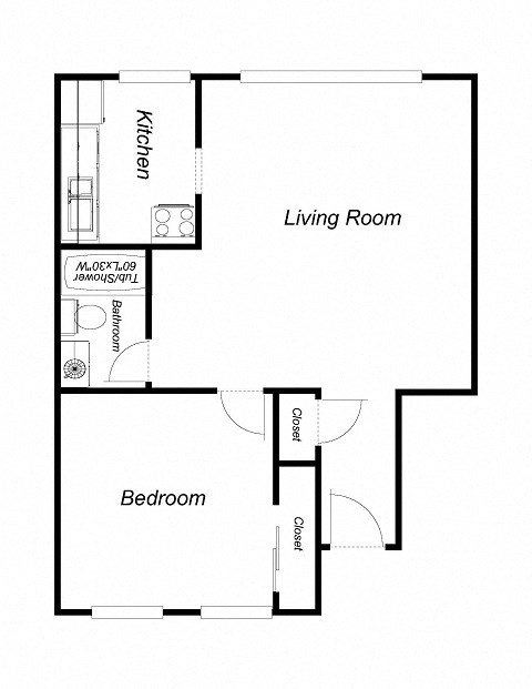 Floor plan for 1 bed, 1 bath, 630 sqft