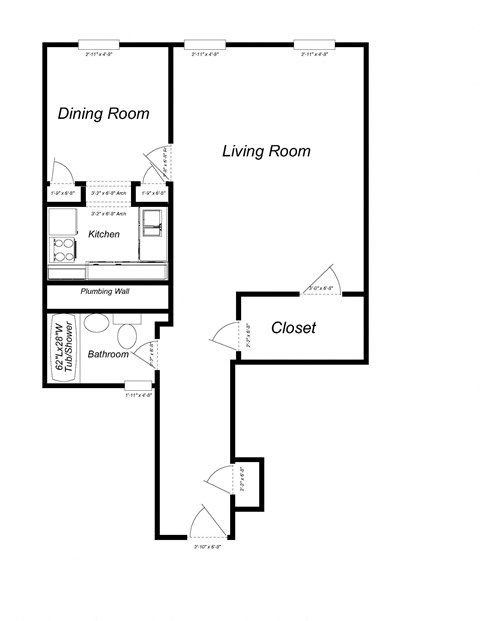 Floor plan for studio, 1 bath, 500 sqft