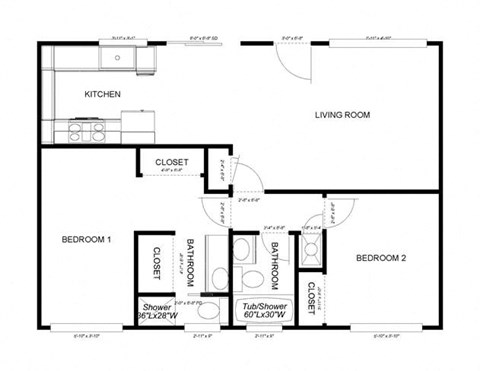Floor plan for 2 beds, 2 baths, 850 sqft