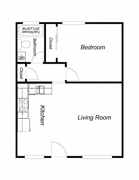 Floor plan for 1 bed, 1 bath, 600 sqft