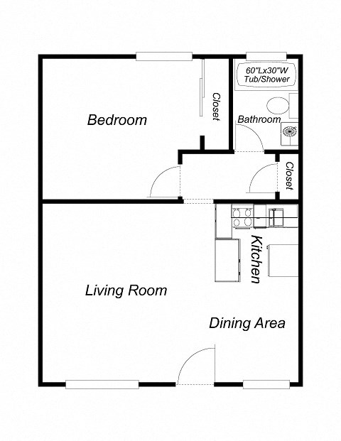 Floor plan for 1 bed, 1 bath, 600 sqft